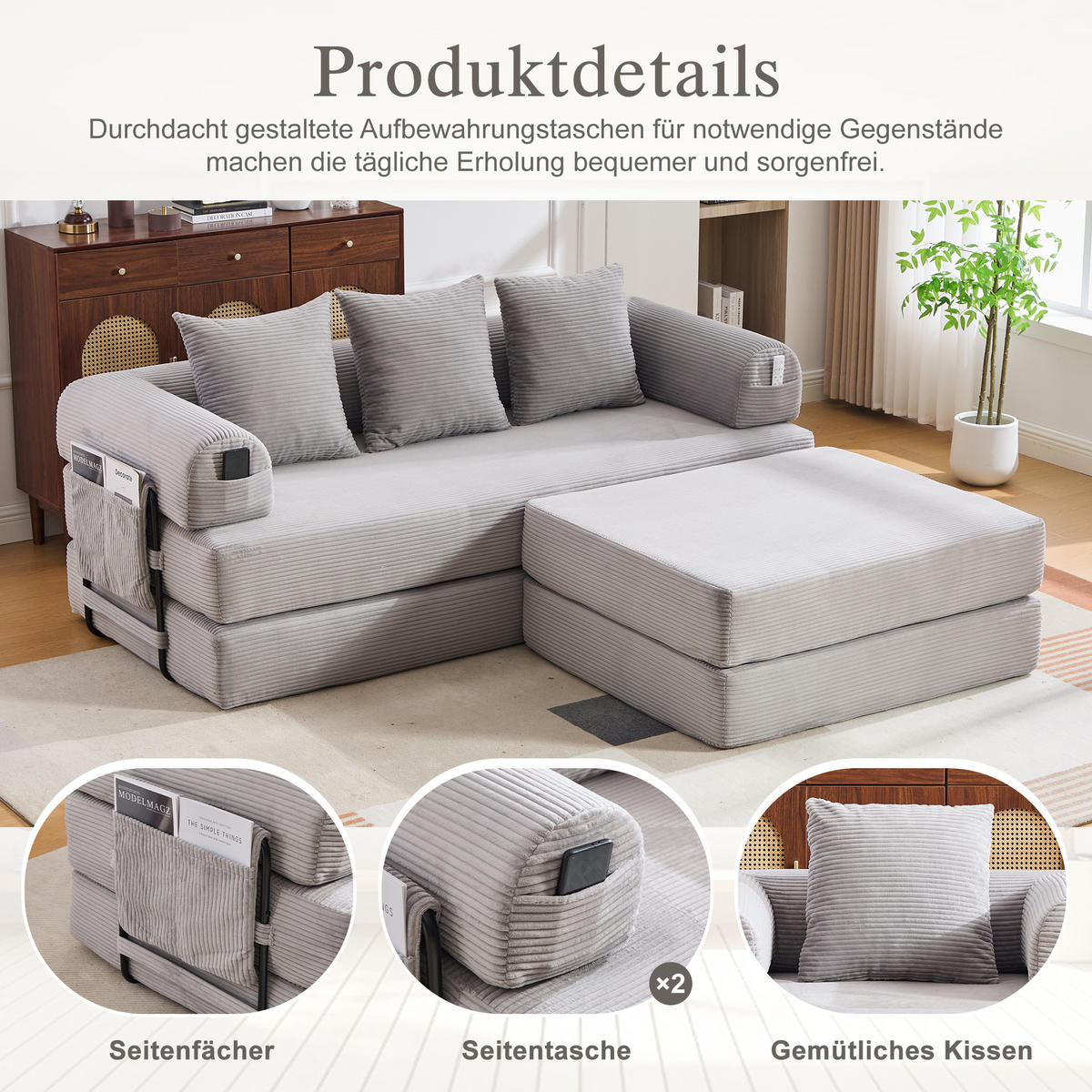 ECKSOFA Cord Hellgrau mit Hocker und Kissen - Hellgrau, Textil/Metall (218/285cm) - WISHDOR