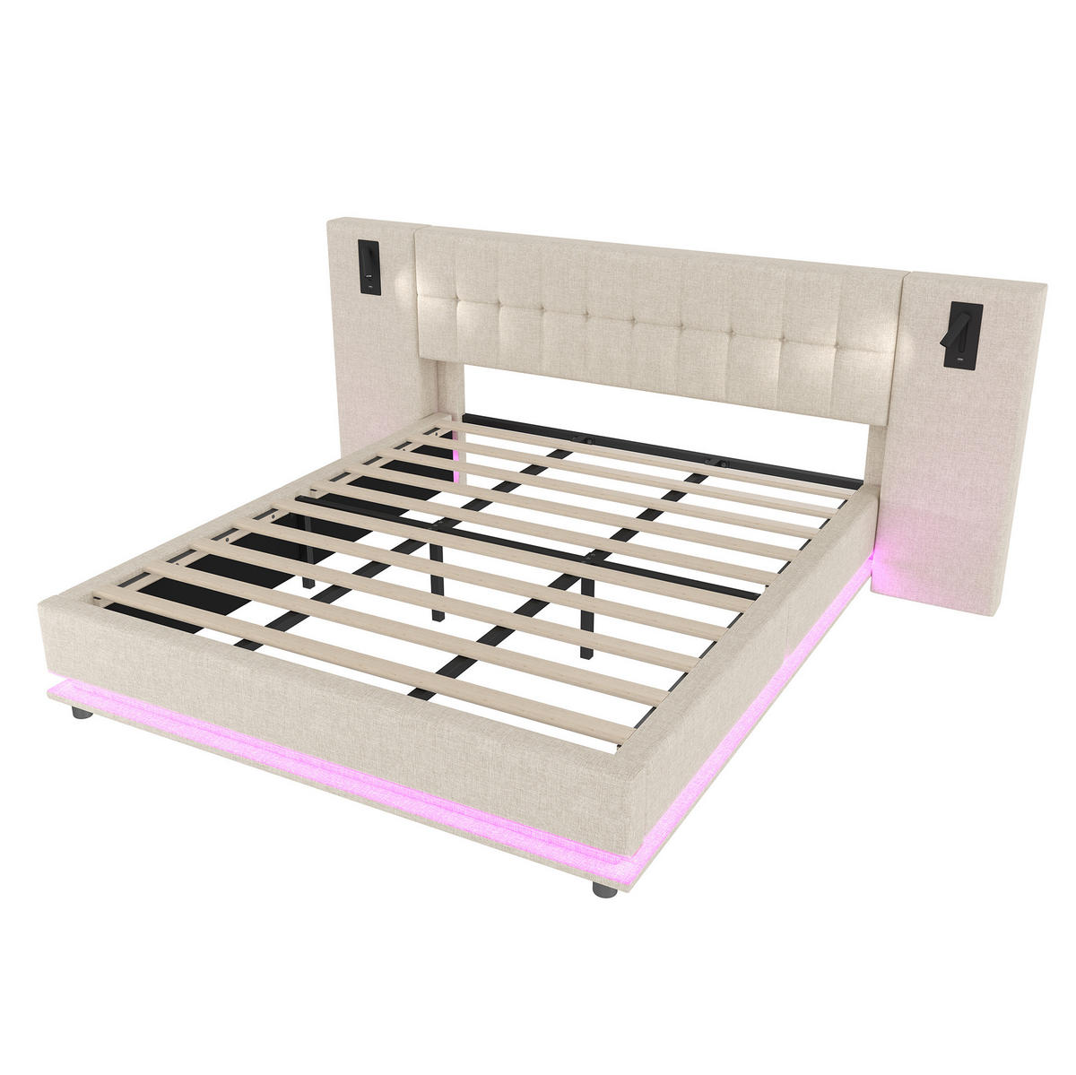 POLSTERBETT 180/200 cm Beige mit LED-Beleuchtung, Spot und USB-Anschluss aus Leinen - Beige, Textil (180/200cm) - OKWISH