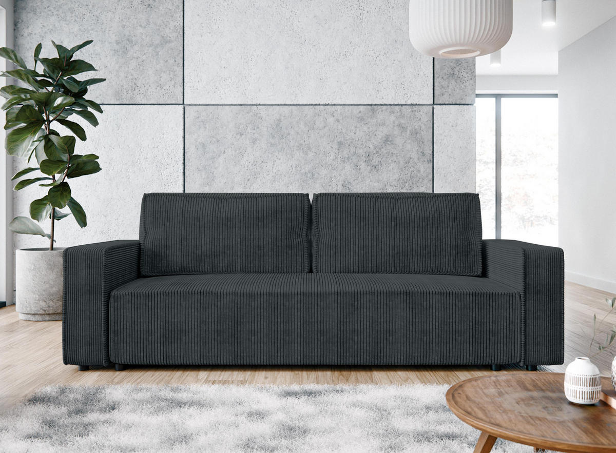 BIGSOFA Aydin Sofa Grau 238/94/85 cm Cord mit Schlaffunktion Bettkasten - Schwarz/Grau, Kunststoff/Textil (238/85/94cm) - AX Living