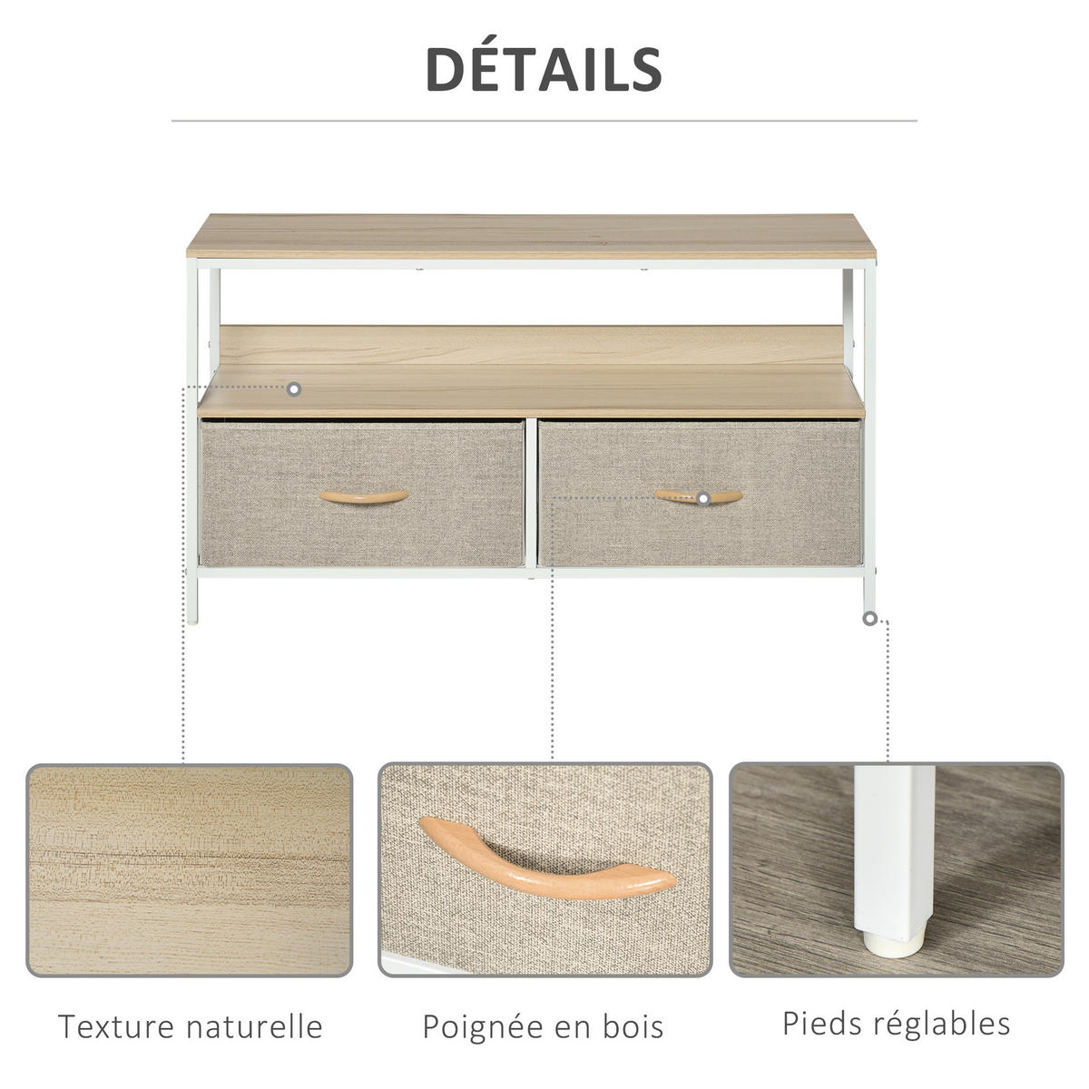 TV-LOWBOARD Naturfarben/Weiß/Grau 98/29/56 cm, 2 Stoffschubladen, Metallgestell - Hellgrau, Holzwerkstoff (98/56/29cm) - PANGIVO