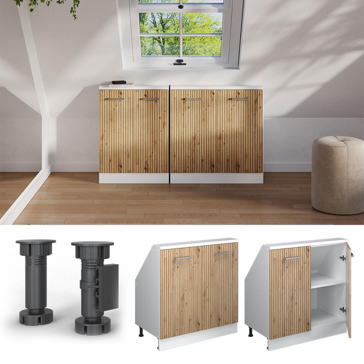 KUCHYŇSKÁ SKŘÍŇKA POD ŠIKMOU STŘECHU R-Line Dub řemeslný/bílý - bílá/dub artisan, kompozitní dřevo (80/81.6/46cm) - Vicco