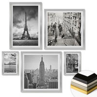 WANDBILDER 5er Set - 50x50 cm & 20x30 cm & 40x60 cm Silberner Rahmen - Neonlinienwellen im Hintergrund - Silberfarben, Kunststoff (40/60cm) - ArtPrintCave