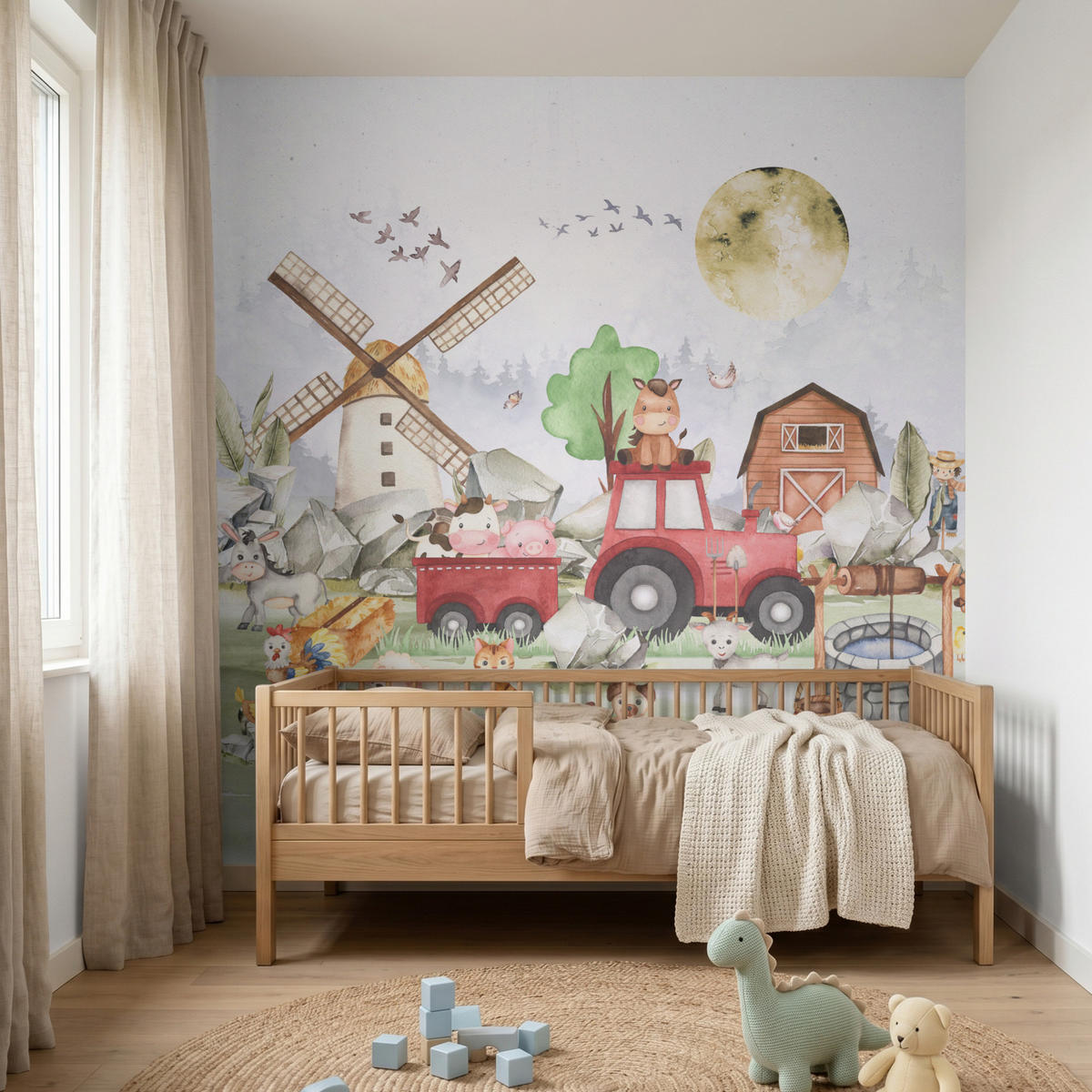 KINDERTAPETE - Bauernhof - Traktor - Kinder - Tiere - 220x200 cm - Weiß, Papier (220/200cm) - OnlyWow