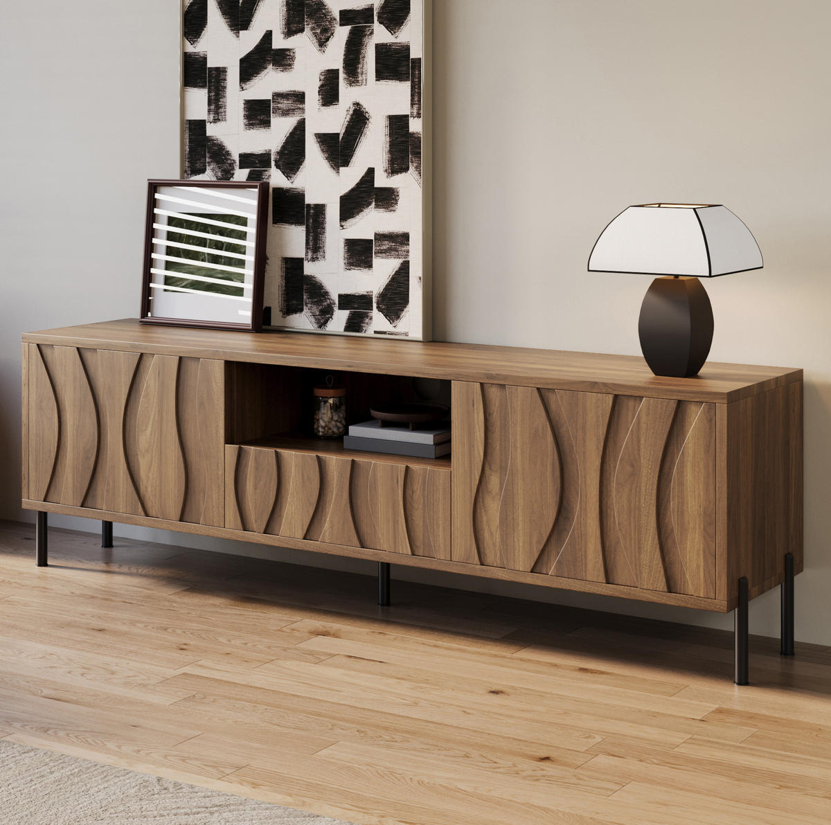 LOWBOARD 160/35/46 cm aus MDF mit wellenförmigen Türen Natur - Naturfarben, Holzwerkstoff (160/46/35cm) - Modenvie