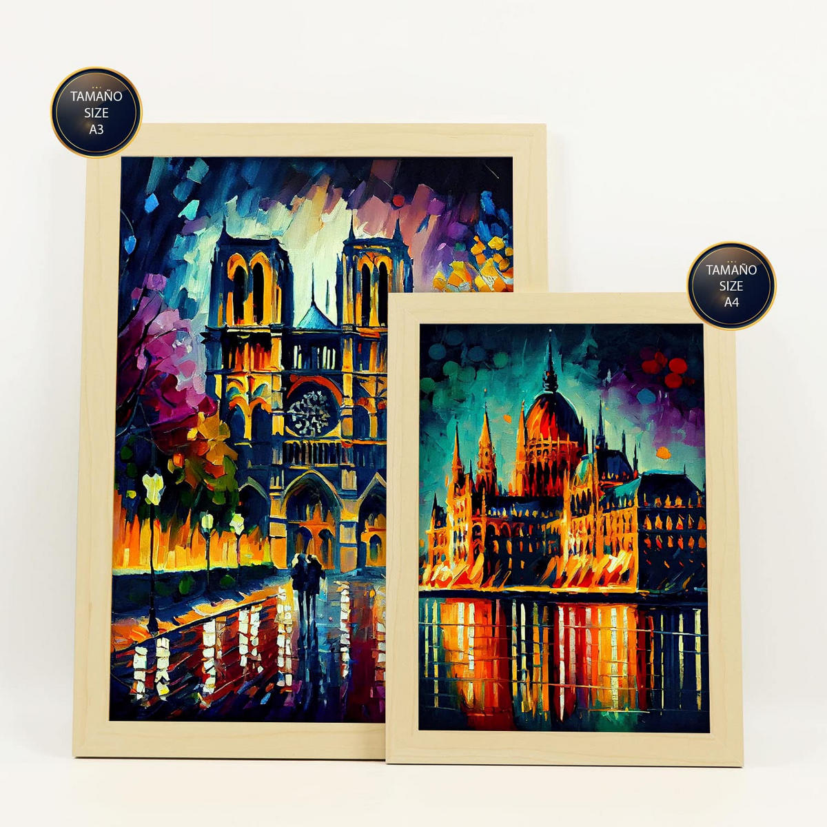 POSTER Set Mit 6 Linear Im Ölgemälde Stil A3 & A4 Rahmen Aus Hellem Holz - Beige, Papier (29/3cm) - Nacnic