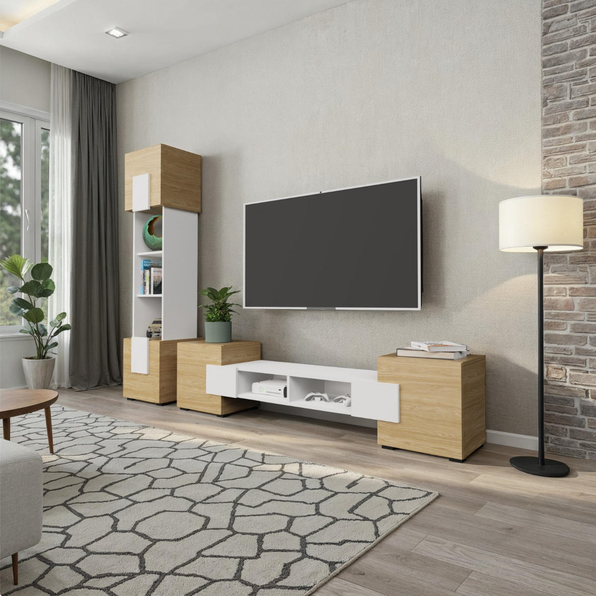 LOWBOARD TV TORINO Hängend + Stehend, Mattes Finish, Arktisches Weiß, Ölbehandelt Eiche - Eichefarben/Weiß, Holzwerkstoff/Kunststoff (181/40/35cm) - Komodee