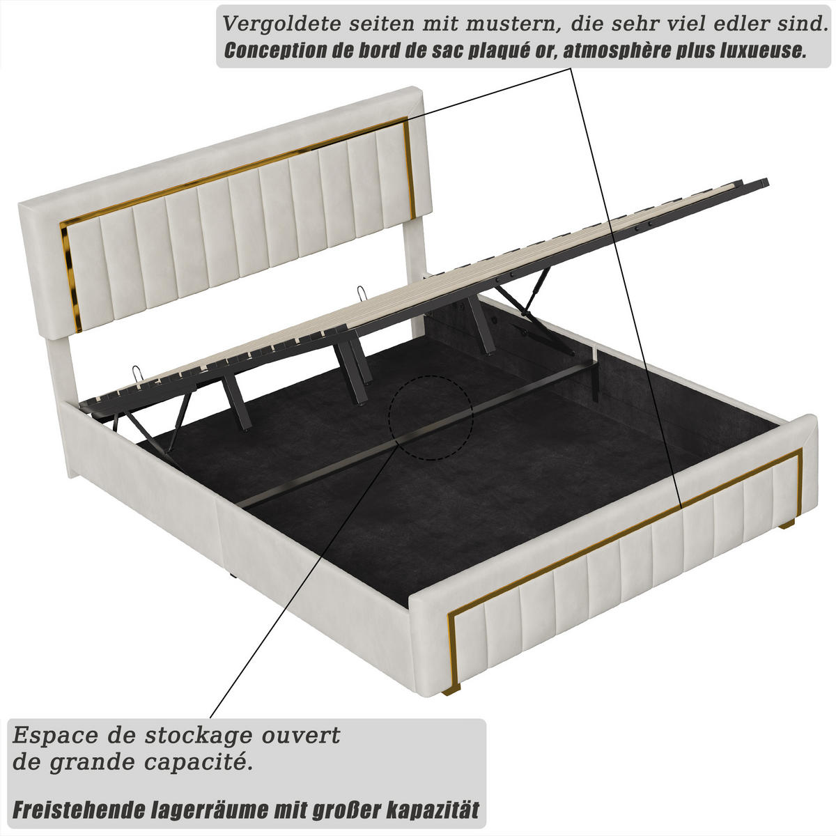 POLSTERBETT 160/200 cm, Cremeweiß, mit hydraulischem Stauraum, Lattenrost - Beige/Naturfarben, Holz/Metall (160/200cm) - FURNISHINGS HOME