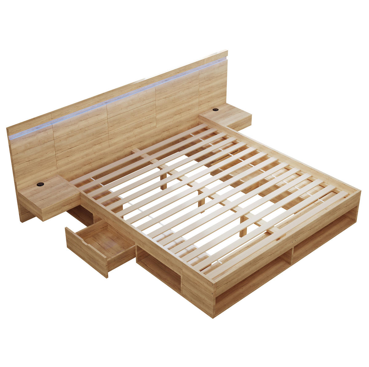 DOPPELBETT 180/200 cm mit LED-Beleuchtung, USB- und USB-C-Anschlüssen, Stauraum und 2 Nachttischen, Natur - Naturfarben, Holzwerkstoff (180/200cm) - Redom