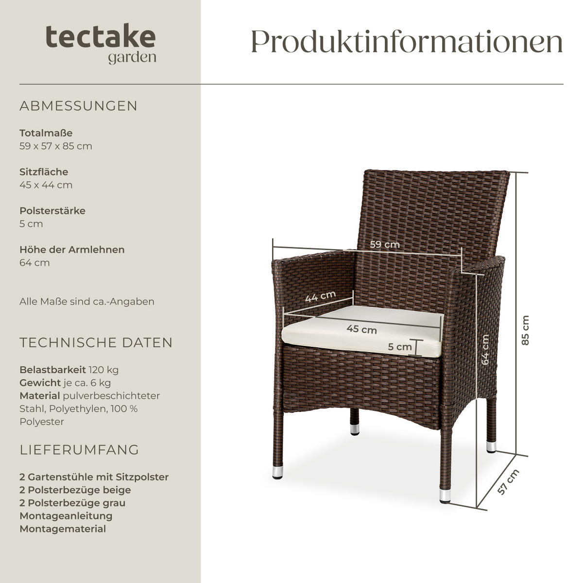RATTANSTUHL 2er Set Nantes,59 x 57 x 85 cm,braun/beige - Beige/Braun, Kunststoff (57/85/59cm) - tectake