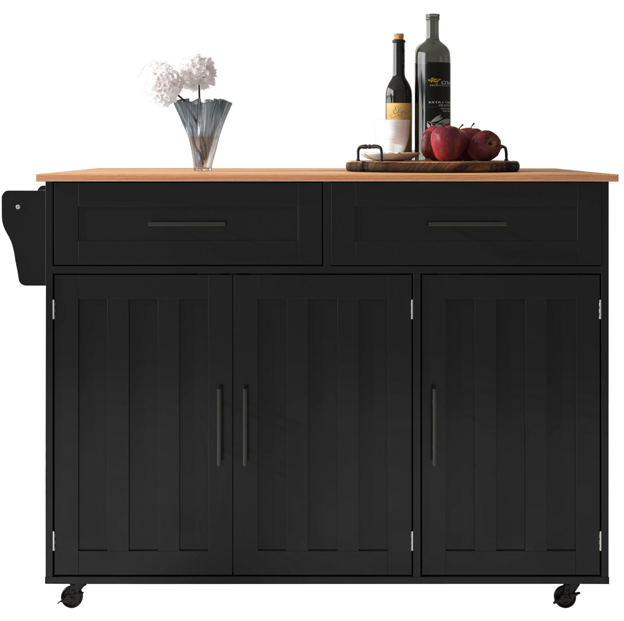 KÜCHENINSEL 129/71/91,5 cm schwarz natur mit Klappplatte und Rollen - Schwarz, Holzwerkstoff (129/91.5/71cm) - OKWISH