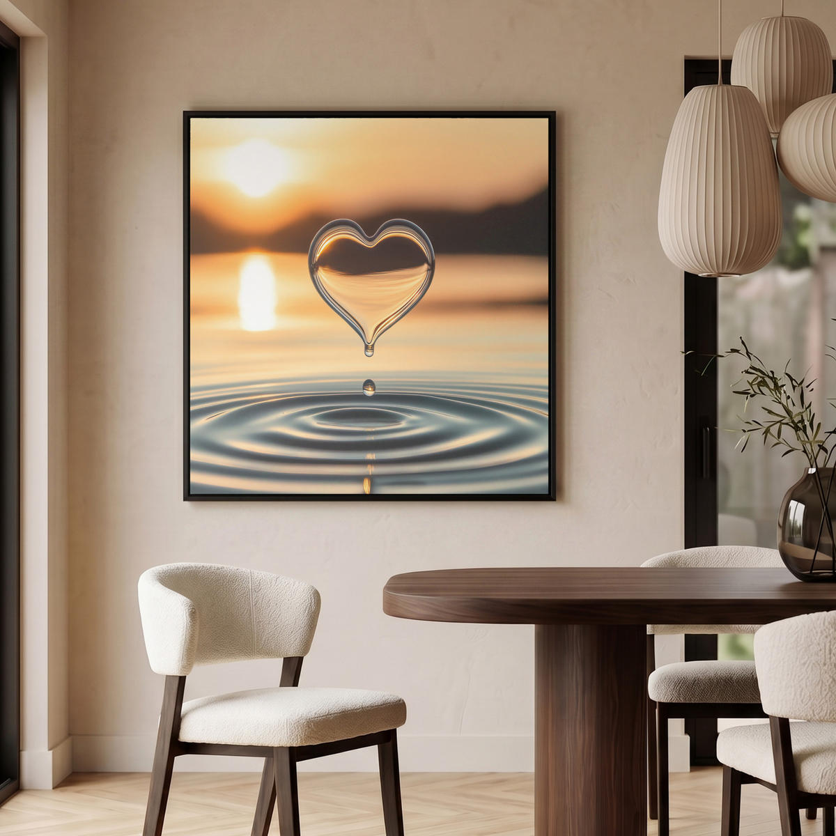 LEINWAND Bilder mit Rahmen - Herz - Wasser - Sonnenuntergang - Natur - Zen - 90x90 - Bernsteinfarben, Textil (90/90cm) - MuchoWow