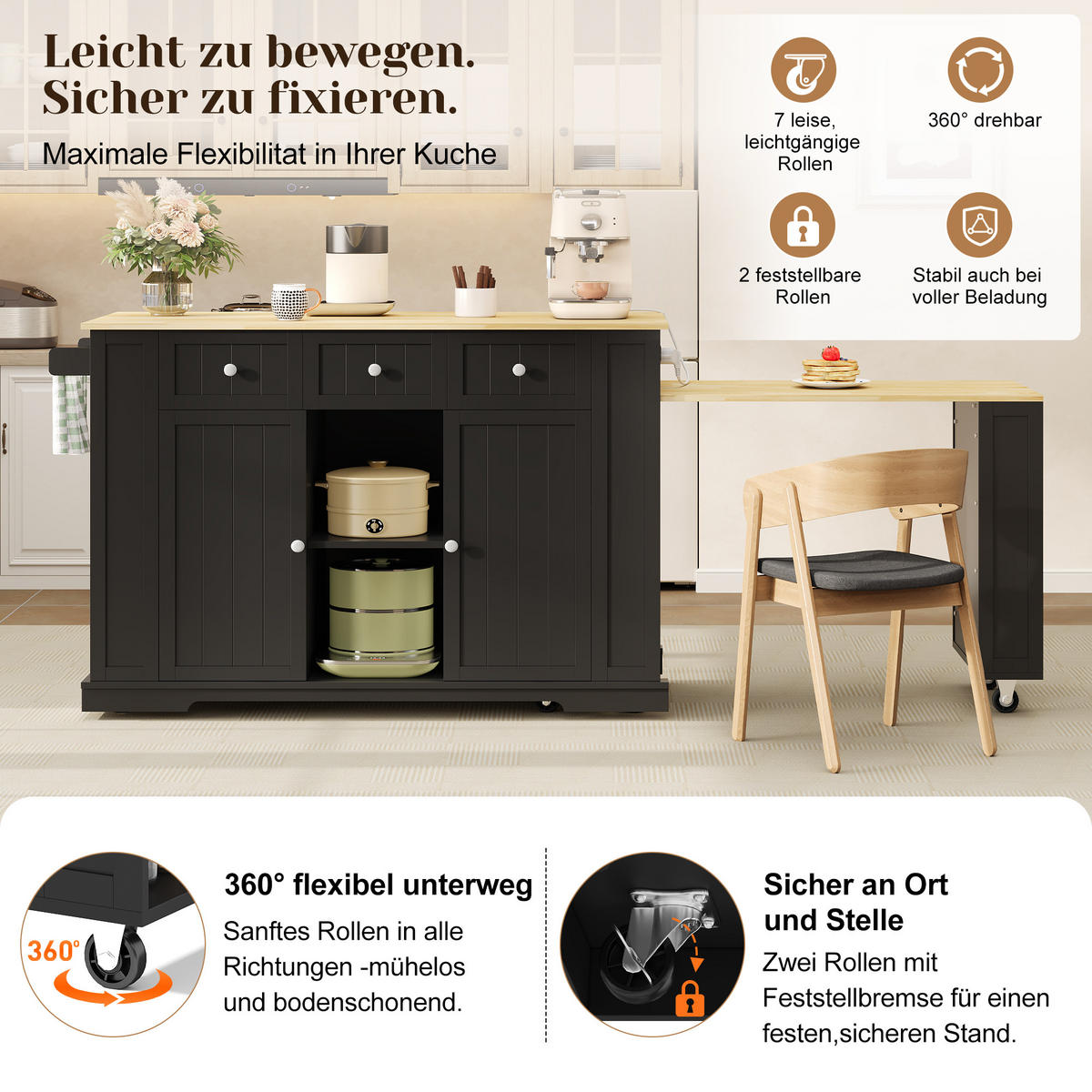 KÜCHENINSEL DE-41367 138-213/55/93 cm, ausziehbarer Esstisch Schwarz - Schwarz, Holzwerkstoff (138/93/55cm) - ComfortXL