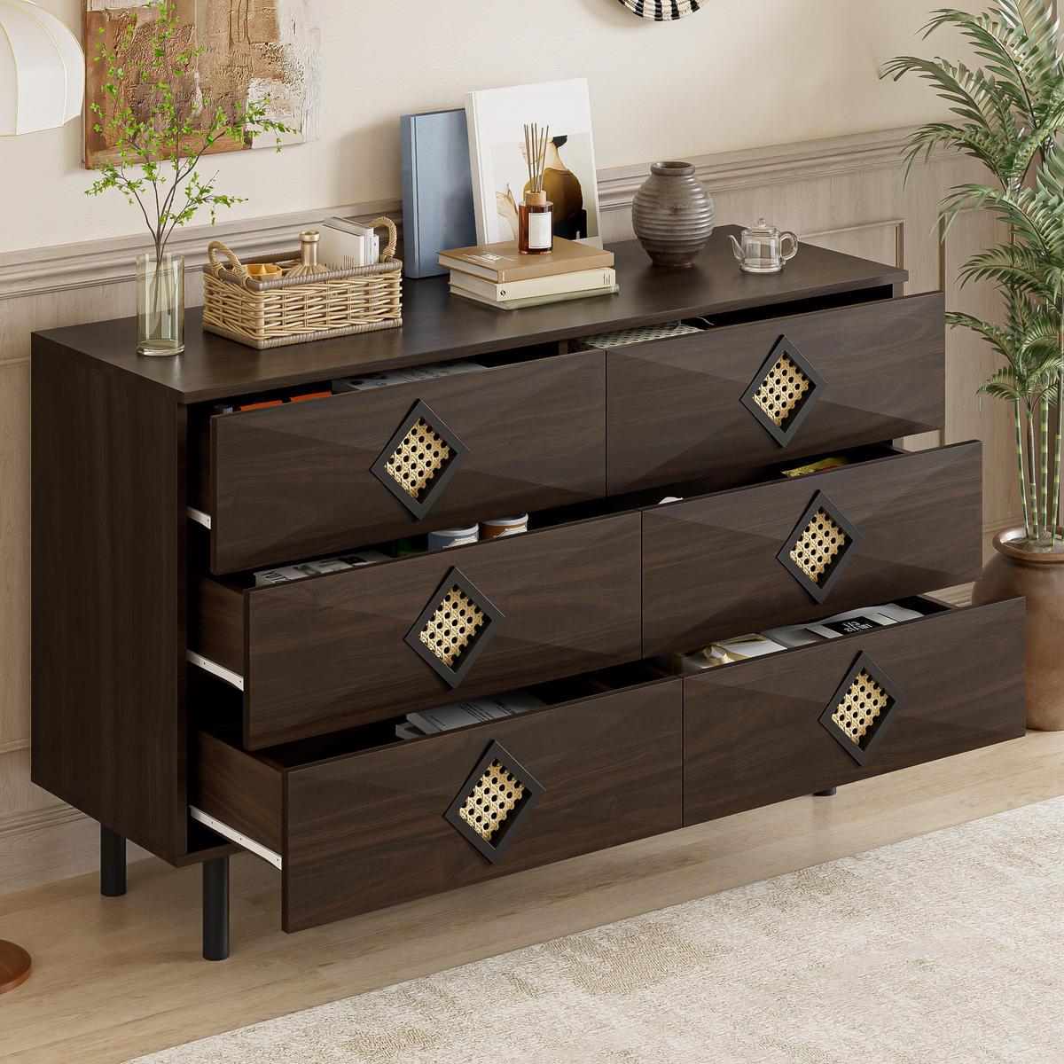 SIDEBOARD 6 Schubladen Rattan-Griff für Schlafzimmer & Wohnzimmer - Walnussfarben, Holzwerkstoff (40/74/120cm) - FLIEKS