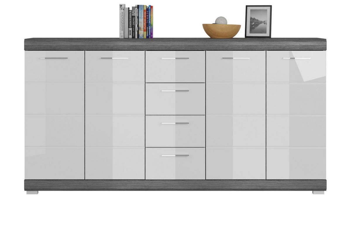 SIDEBOARD weiß Hochglanz und Rauchsilber grau 165 cm, Anrichte 4-türig, 4 Schubladen - Weiß Hochglanz/Silberfarben, Holzwerkstoff/Kunststoff (165/85/37cm) - Inn.Furn