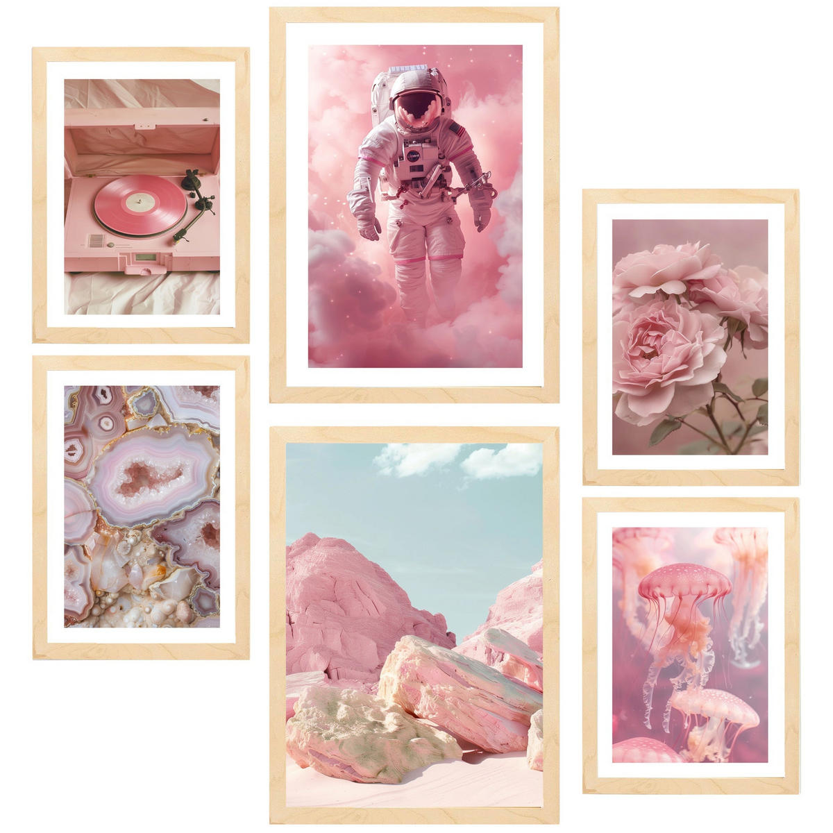 POSTER Set Mit 6 Kunst In Rosa A3 & A4 Rahmen Aus Hellem Holz - Beige, Papier (29/3cm) - Nacnic