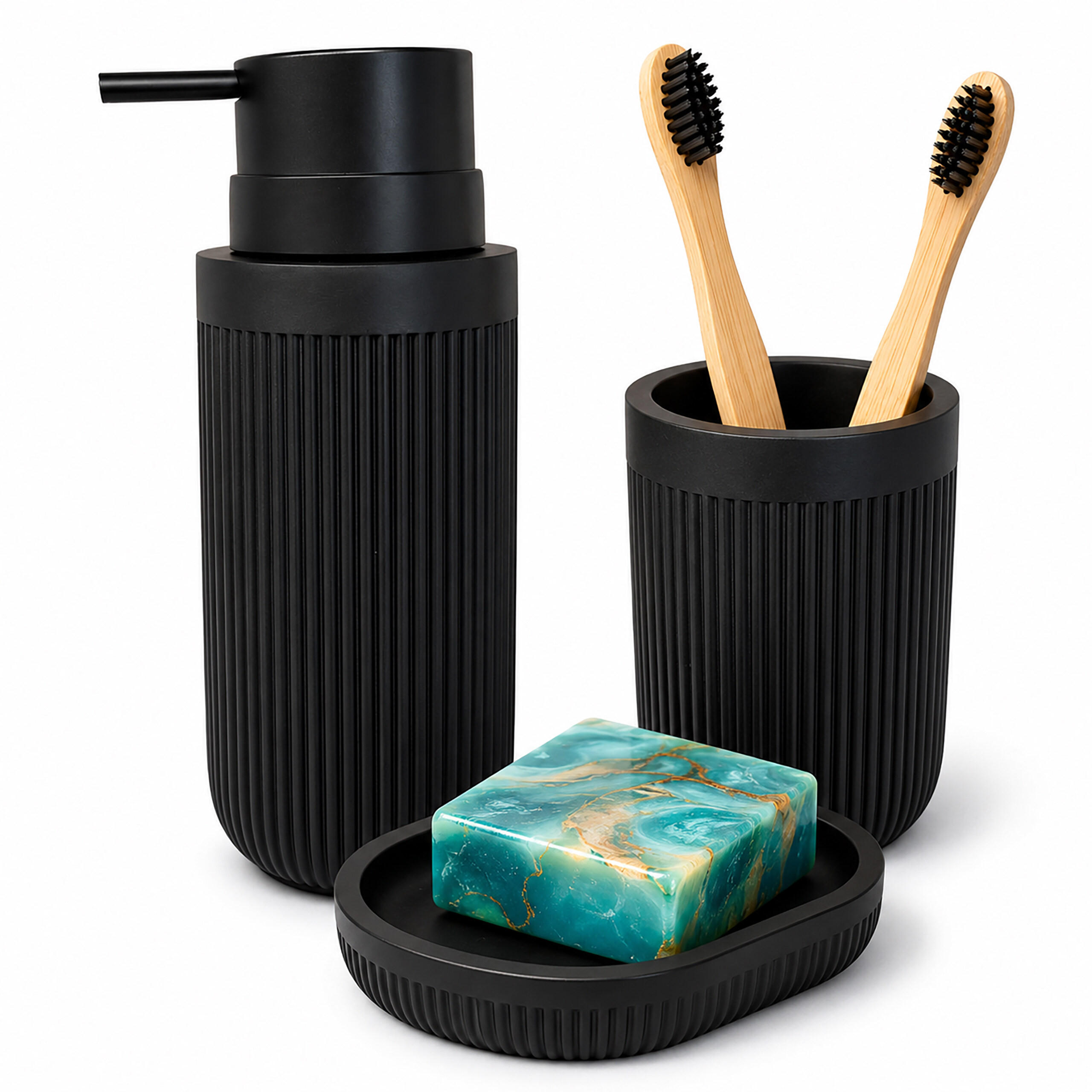 BADACCESSOIRES-SET Schwarz 3-tlg. - Schwarz, Kunststoff (6.5/17.5/6.5cm) - Relaxdays