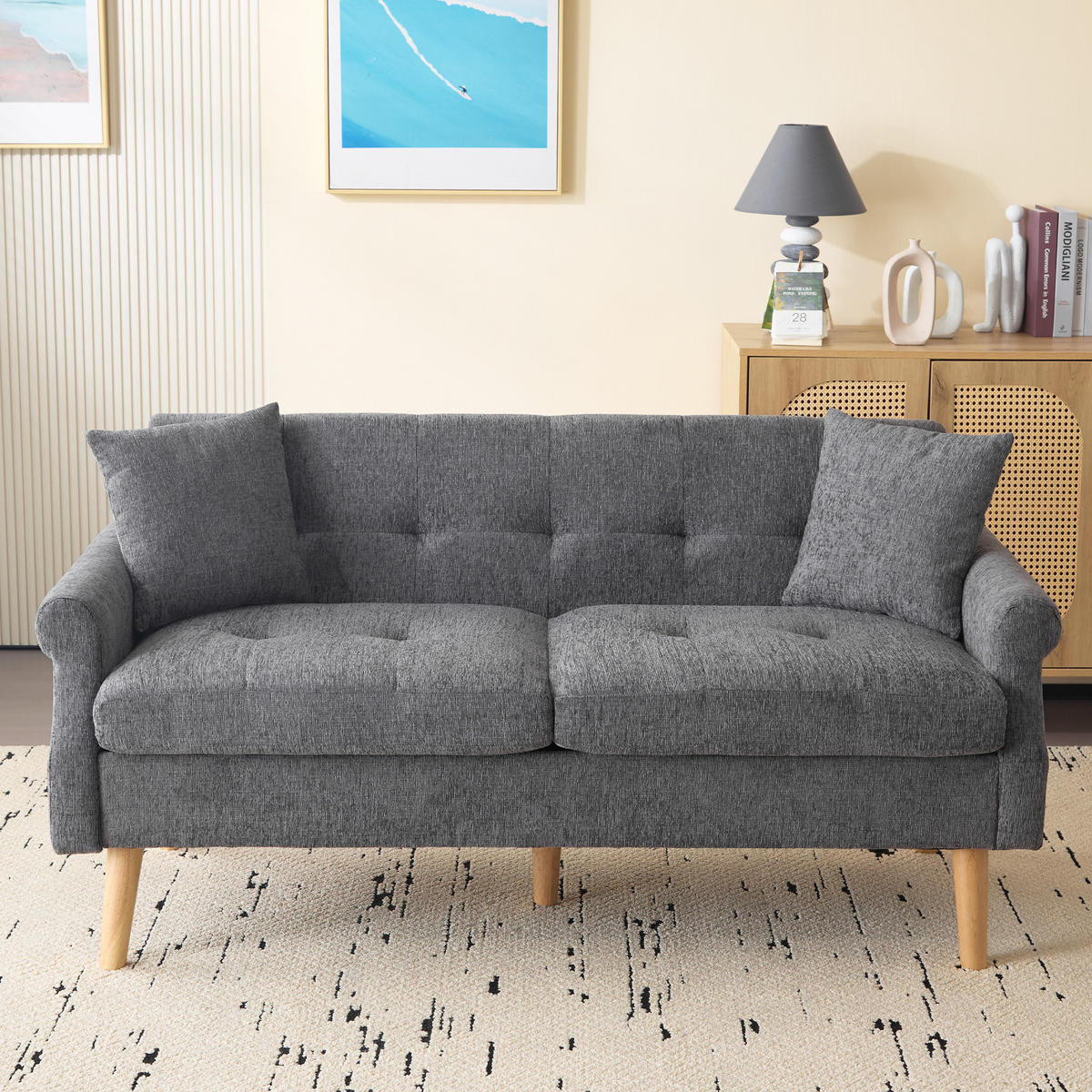 2-SITZER Sofa Chenille mit 15 cm Sitzkissen und Massivholzbeinen 162/74/77 cm Grau - Grau, Textil (77/162/74cm) - Redom