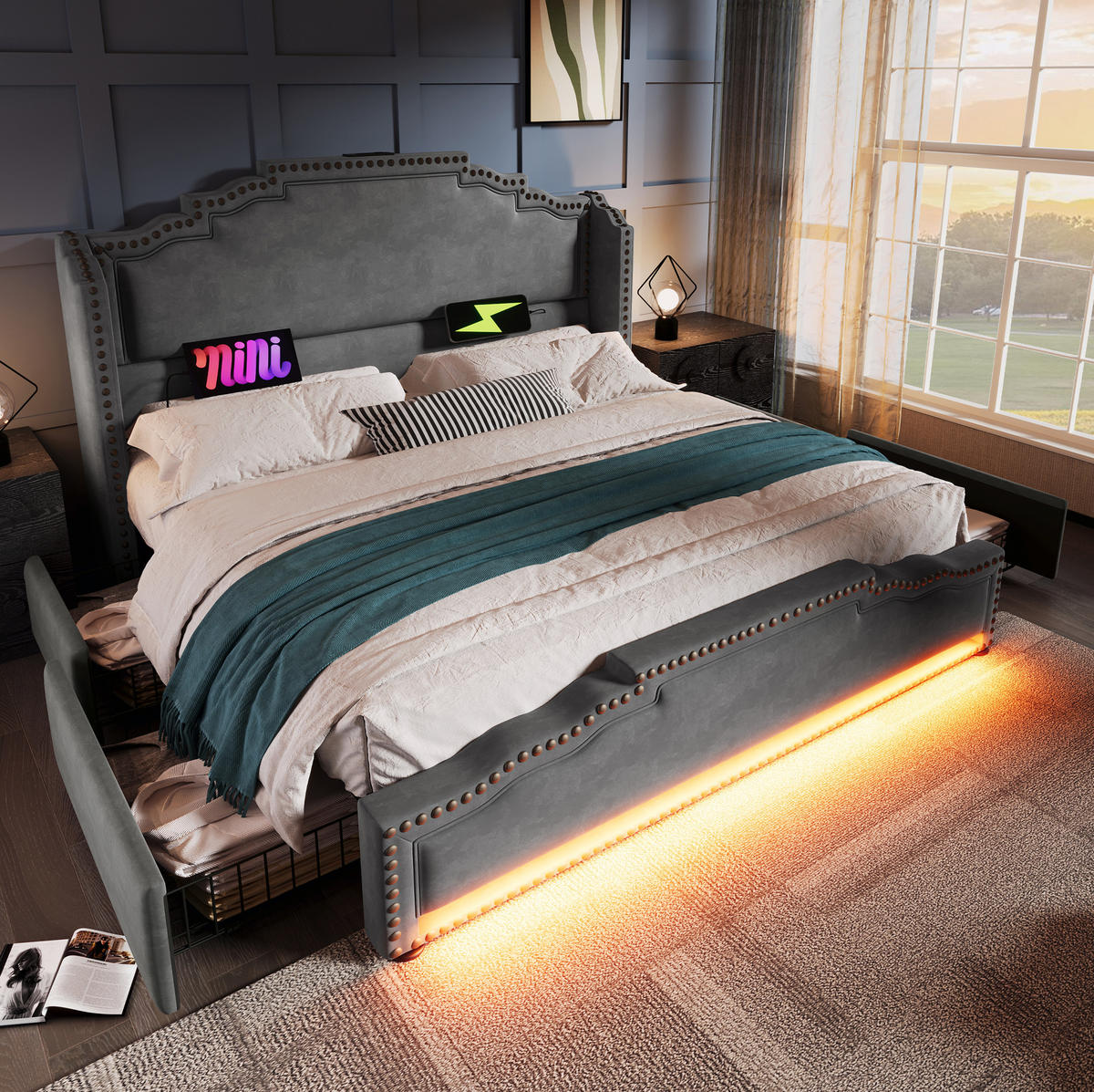 POLNJENA postelja iz velurja 160x200 cm siva z LED osvetlitvijo, USB- in Type-C priključkom ter 4 predali - siva, tekstil (160/200cm) - Modfu
