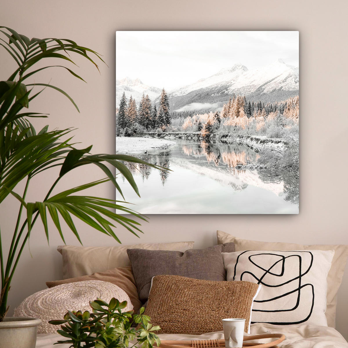 LEINWANDBILD Natur - Winter - Bäume - Berge - Schnee 90x90 cm - Weiß Hochglanz, Textil (90/90cm) - MuchoWow