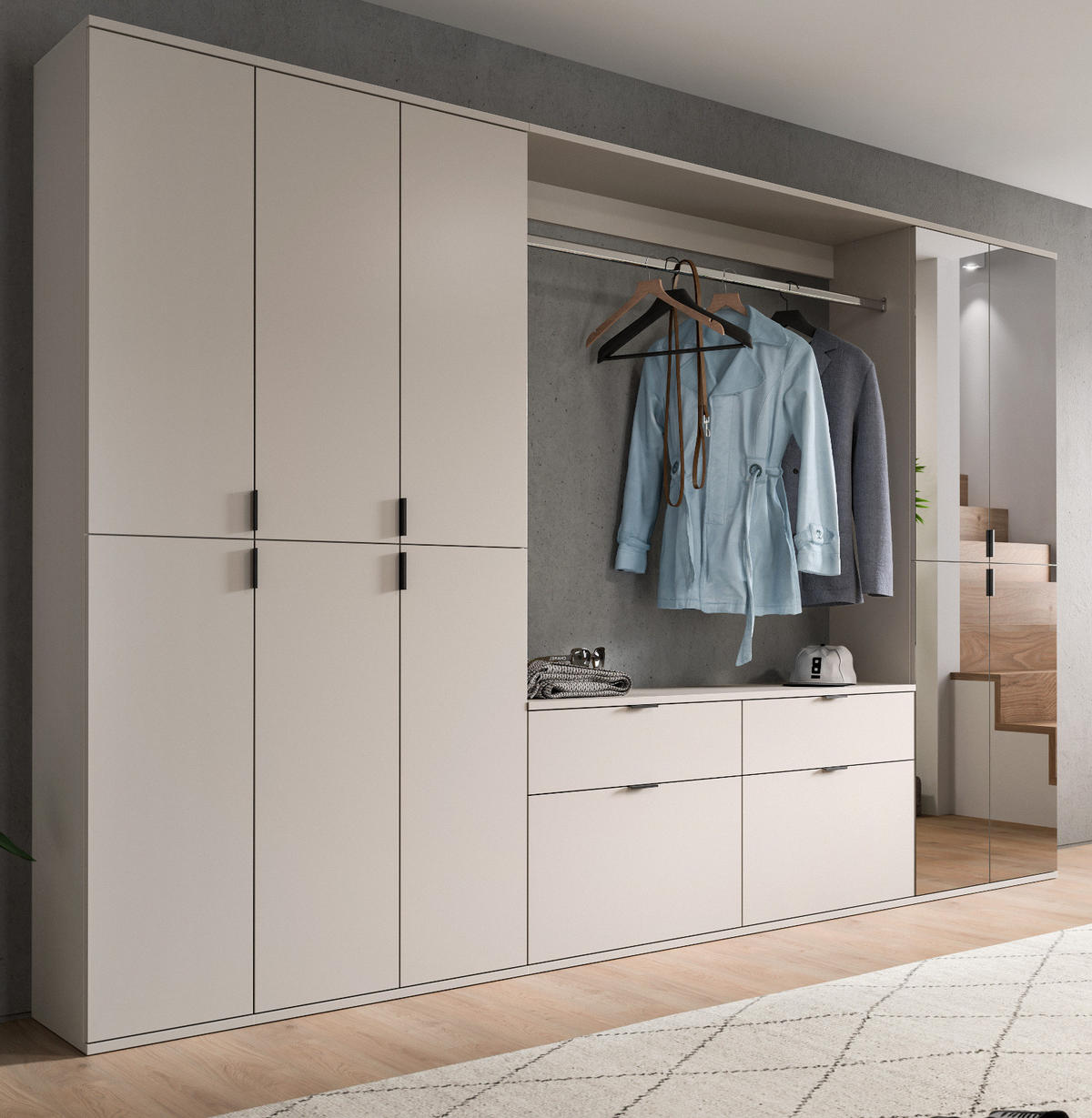 GARDEROBEN-SET Kaschmir 273 x 193 cm, Garderobenschrank mit Spiegel - Kaschmir/Schwarz, Glas/Holzwerkstoff (273/193/34cm) - Inn.Furn