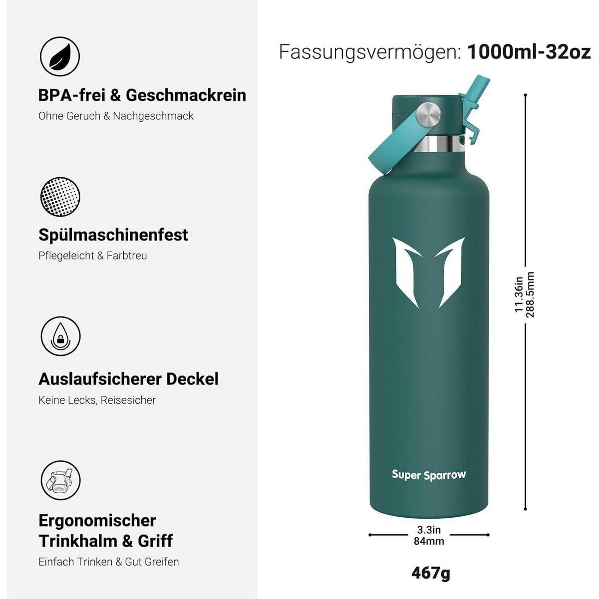 TRINKFLASCHE Edelstahl 1000 ml Dunkelgrün - Olivgrün, Metall (8.5/8.5cm)