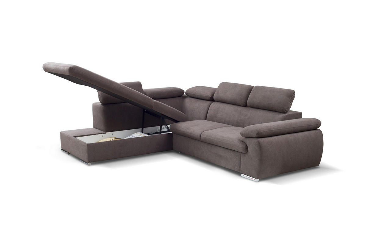 ECKSOFA SACRO Braun Plüsch-Stoff mit Schlaffunktion - Braun, Holz (271/221cm) - MASSENO