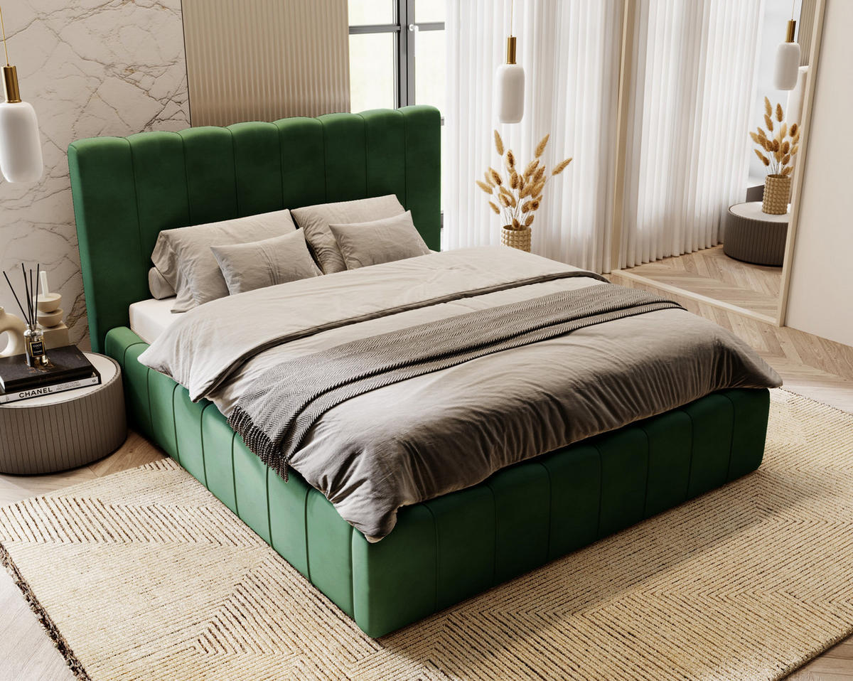 DOPPELBETT mit Bettkasten 200x200 Porto, Lattenrost, Grün - Grün, Holz/Textil (200/200cm) - Emporius