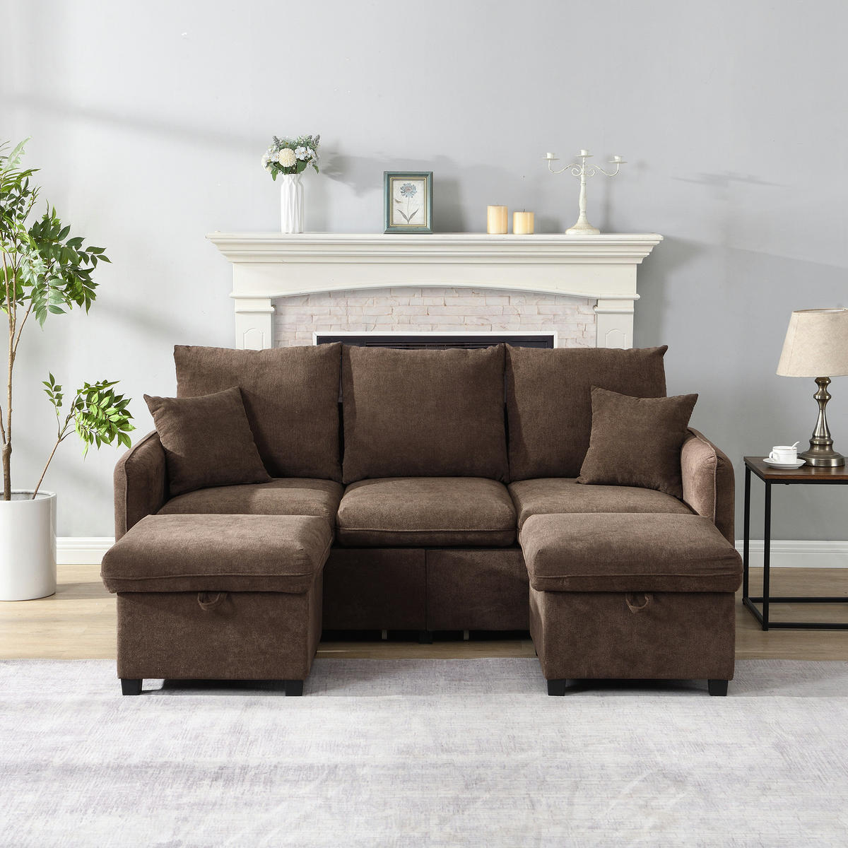 ECKSOFA-SET Chenille mit Stauraum und Schlaffunktion 3-Sitzer und 2 Hocker 188/186/86 cm Dunkelbraun - Dunkelbraun, Kunststoff/Textil (186/188cm) - Redom