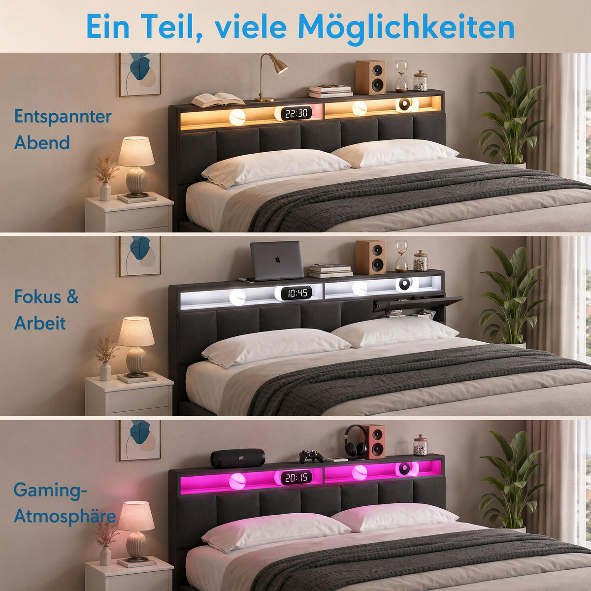 POLSTERBETT 160x200 cm mit Bettkasten, LED und 2 Schubladen, Lattenrost, höhenverstellbares Kopfteil, Grau - Grau, Holz/Textil (160/200cm) - GENKI LIVING