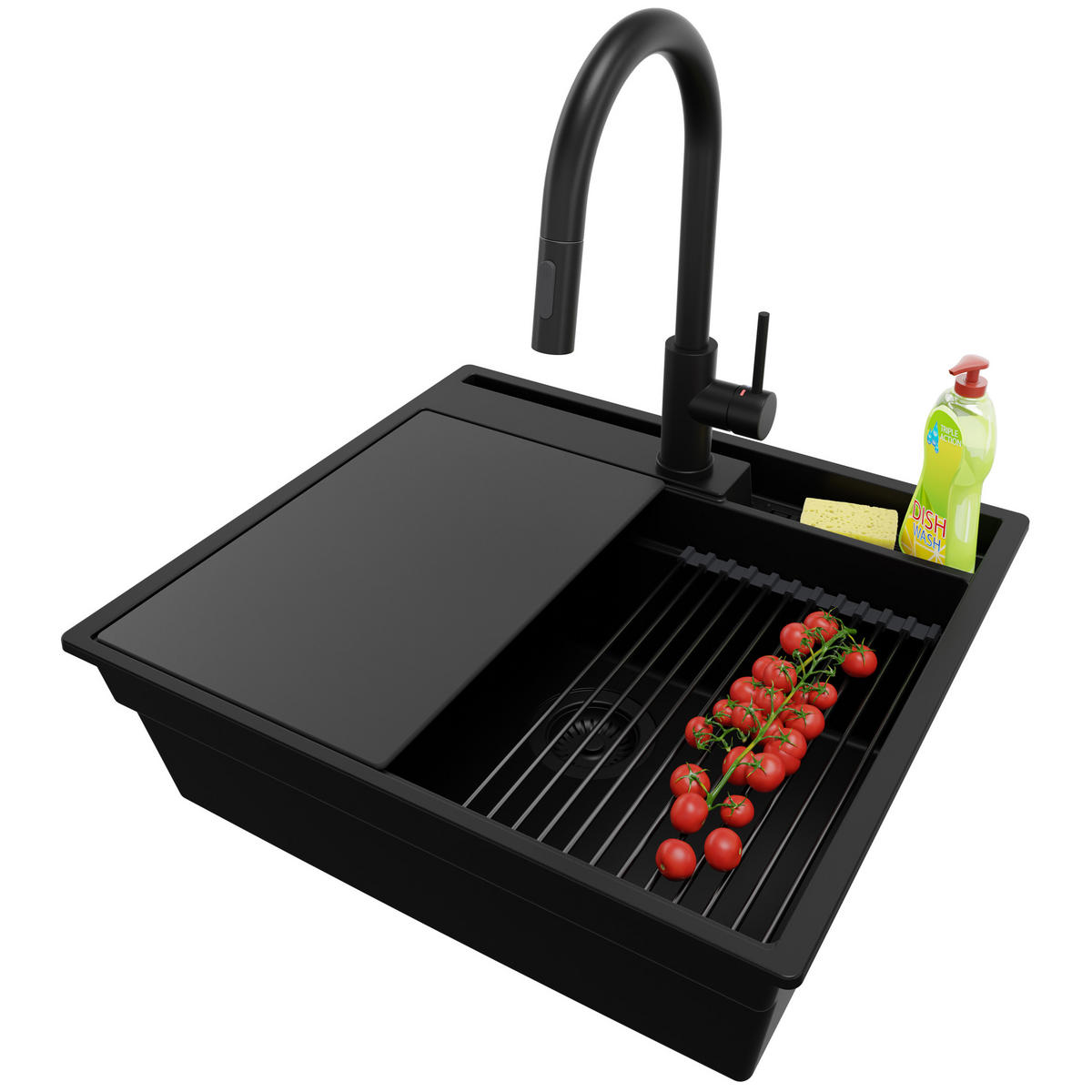 GRANITSPÜLE Oslo Pocket, 2-er set Alles Schwarz 58/53 cm 1 Becken + Küchenarmatur 40/20 cm + Ablauf-Set + Küchenzubehörset ab 60er Unterschrank - Schwarz, Kunststoff (58/20/53cm) - Primagran