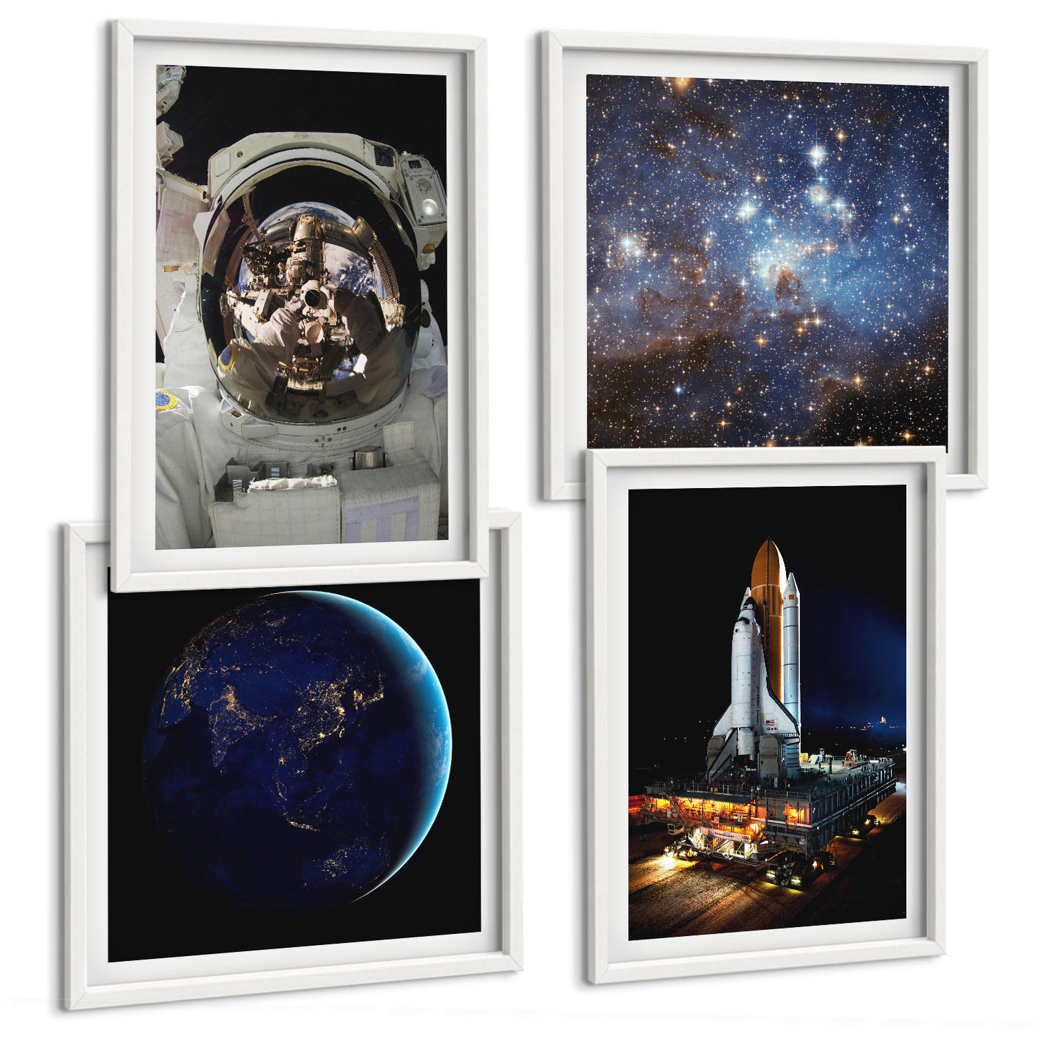 BILDER SET 4er Set - 50x50 cm & 40x60 cm Weißer Rahmen - Weltraum Erde Astronaut Rakete - Weiß, Kunststoff (50/50cm) - TULUP