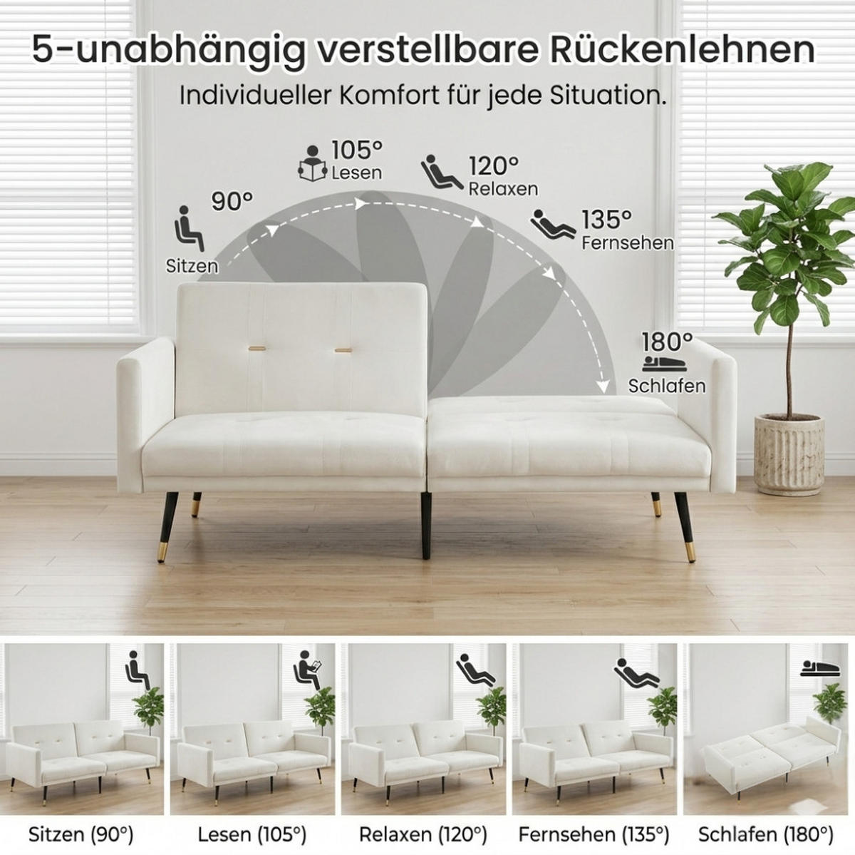 SCHLAFSOFA mit verstellbaren Rückenlehnen, 2-in-1 Gästebett und Samtbezug, Beige - Beige, Textil (164/70/89cm) - Redom