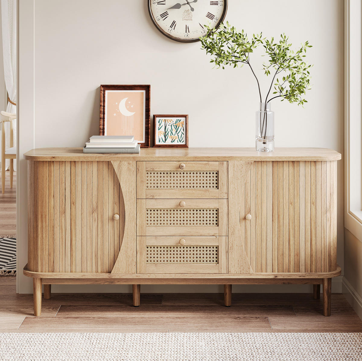 KOMMODE aus Spanplatte 140,5x40x76cm in Naturfarben mit Schiebetüren - Naturfarben, Holzwerkstoff (140.5/40/76cm) - Modfu