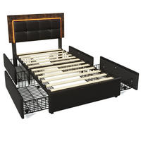 BETT mit LED und 4 Schubladen 90x200 cm PU Schwarz inkl. Matratze - Schwarz, Metall (90/200cm) - Meubliv