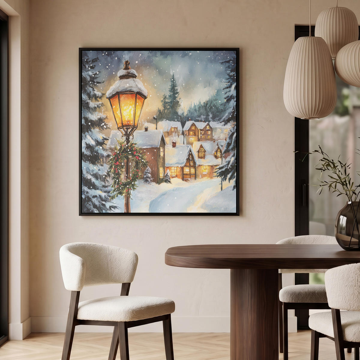 LEINWAND Bilder mit Rahmen - Weihnachtsdorf - Häuser - Schnee - Weihnachten - 90x90 - Sandfarben, Textil (90/90cm) - MuchoWow