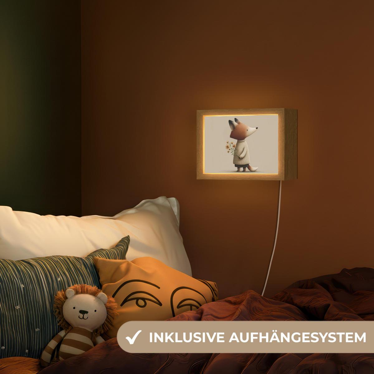 NACHTTISCHLAMPE Fuchs - Gelbe Blumen - Minimalistisch 20x15 cm - Taupe, Holzwerkstoff (8/20/15cm)