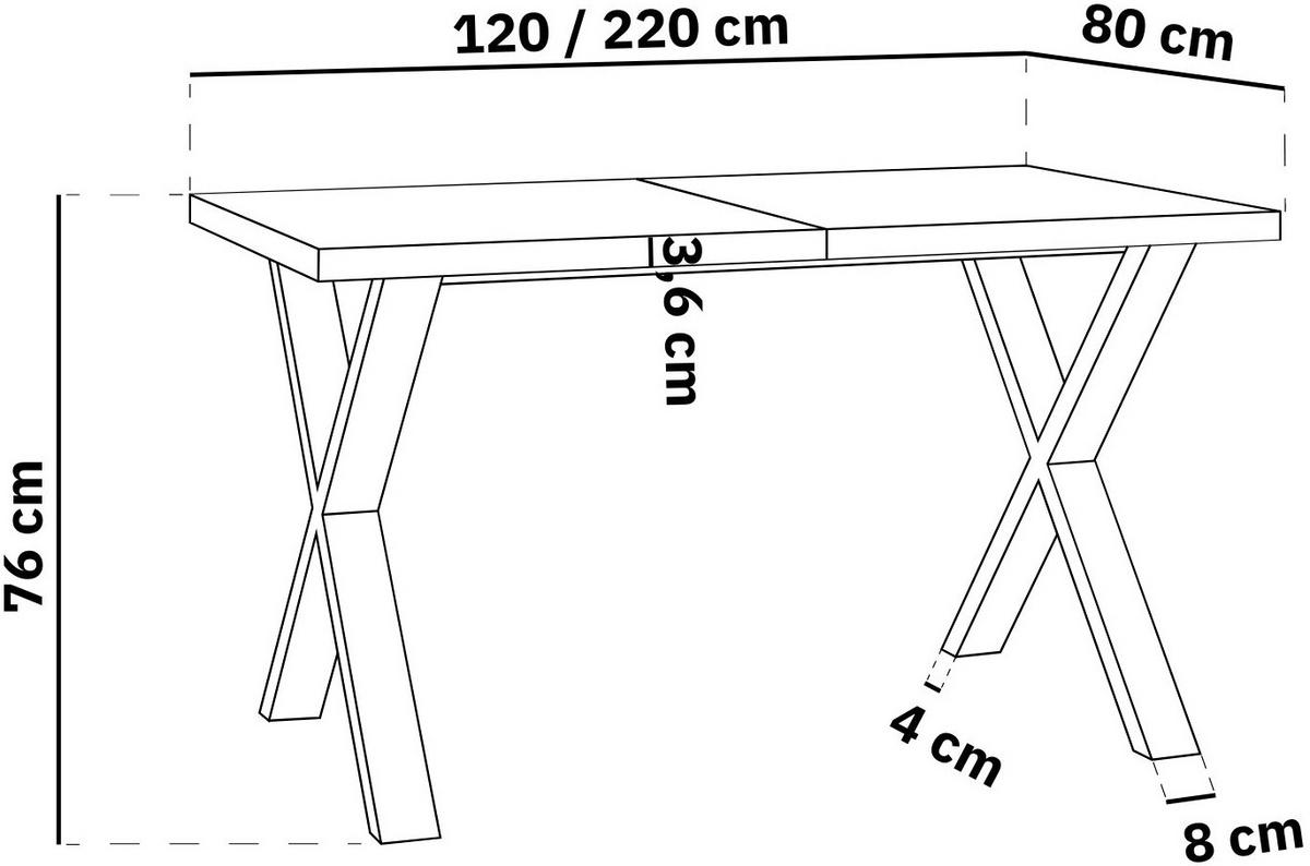 ESSTISCH Luiza rechteckig ausziehbar, Lefkas Eiche 120-220/80/76 cm - Alteiche/Weiß, Holzwerkstoff/Metall (120/80/76cm) - WFL GROUP