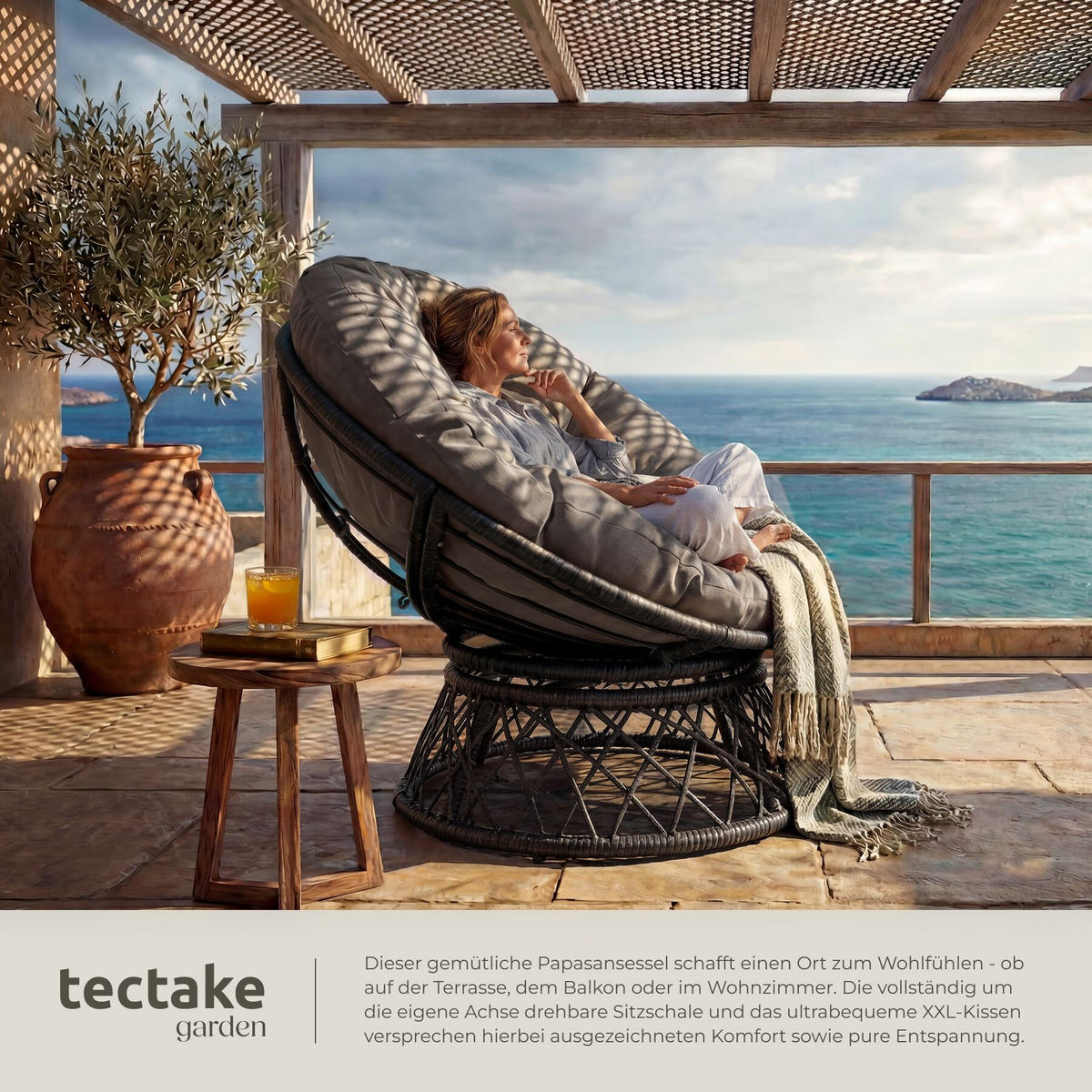 RATTANSESSEL Gargano, 92 x 80 x 80,5 cm, schwarz - Schwarz, Kunststoff (80/80.5/92cm) - tectake