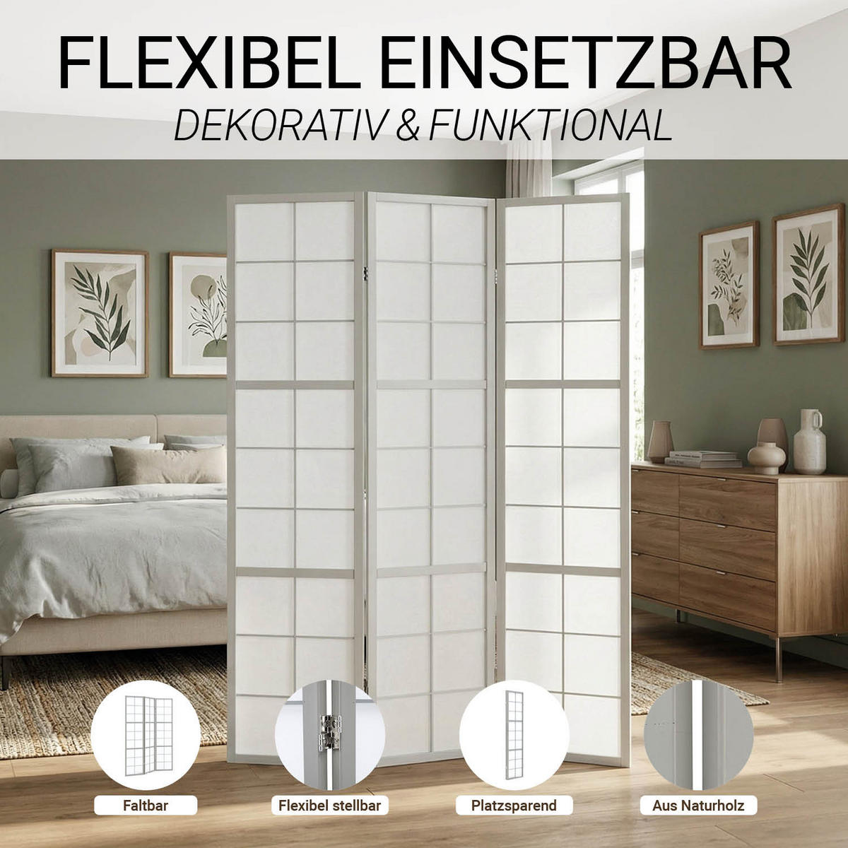 PARAVENT 3-tlg 132/179 cm Grau Holz Shoji - Grau, Holz (132/179/2cm) - Homestyle4u