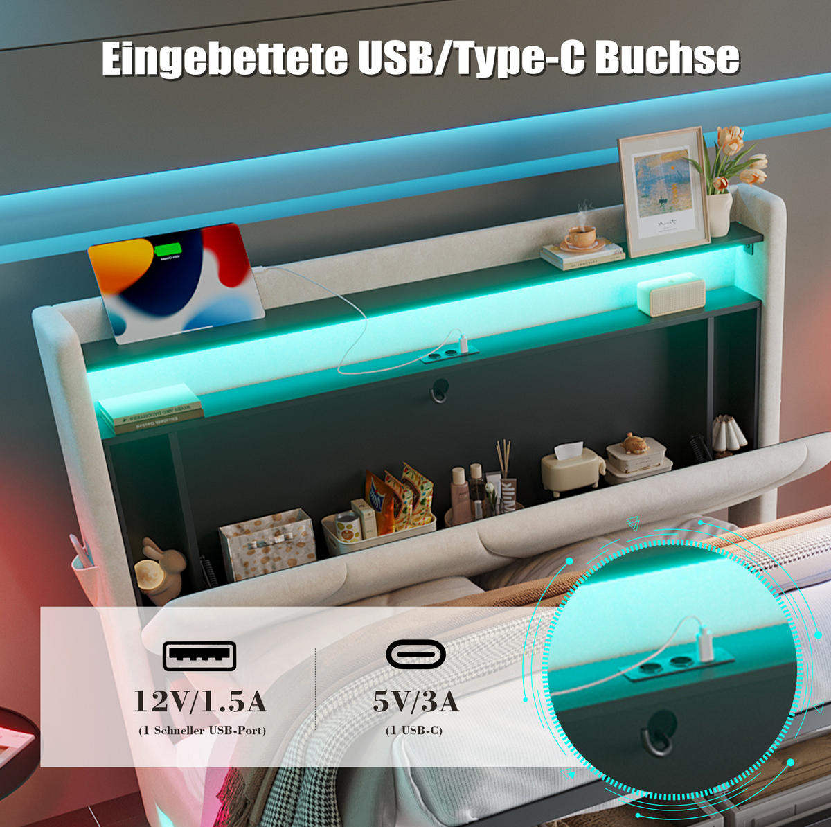 POLSTERBETT 160/200 cm aus Samt mit LED und Stauraum Beige - Beige, Textil (160/200cm) - Modenvie