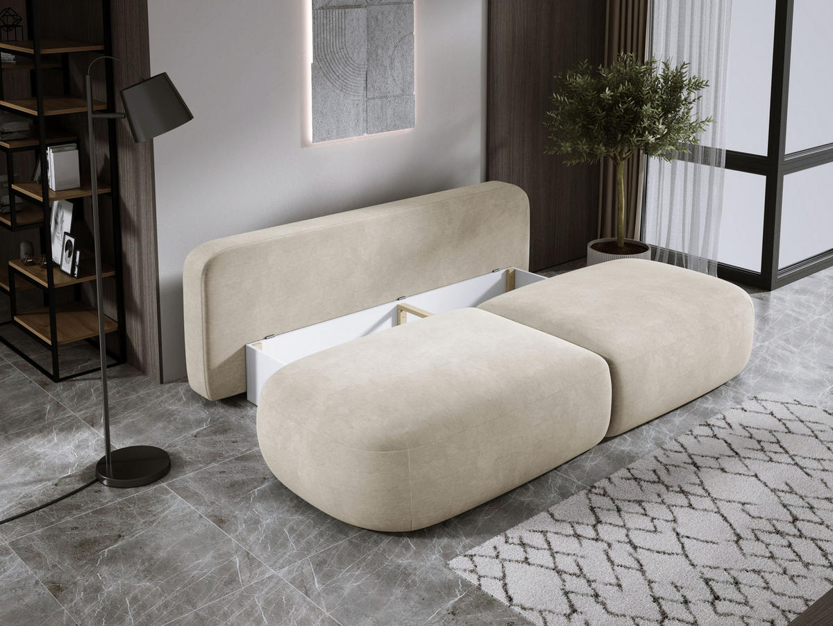 SCHLAFSOFA Moderne BABU mit Schlaffunktion – 3-Sitzer Sofa mit Bettkasten, DL-Automat, 2 Rückenkissen, 2 Zierkissen, 240x90x90 cm, Beige - Beige, Holz/Textil (240/90/90cm) - DomoHome