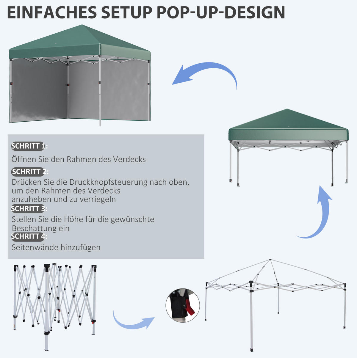 PAVILLON 297/297/288 cm höhenverstellbar, faltbar mit 2 Seitenwänden und UV30+ Schutz, Polyester, Grün - Grün, Kunststoff (297/288/297cm) - Redom