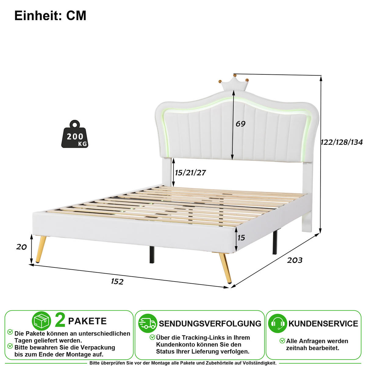KINDERBETT 140/200 cm in Weiß mit LED und Verstellbarem Kopfteil aus Kunstleder - Weiß, Holzwerkstoff/Textil (140/200cm) - CHICFURN