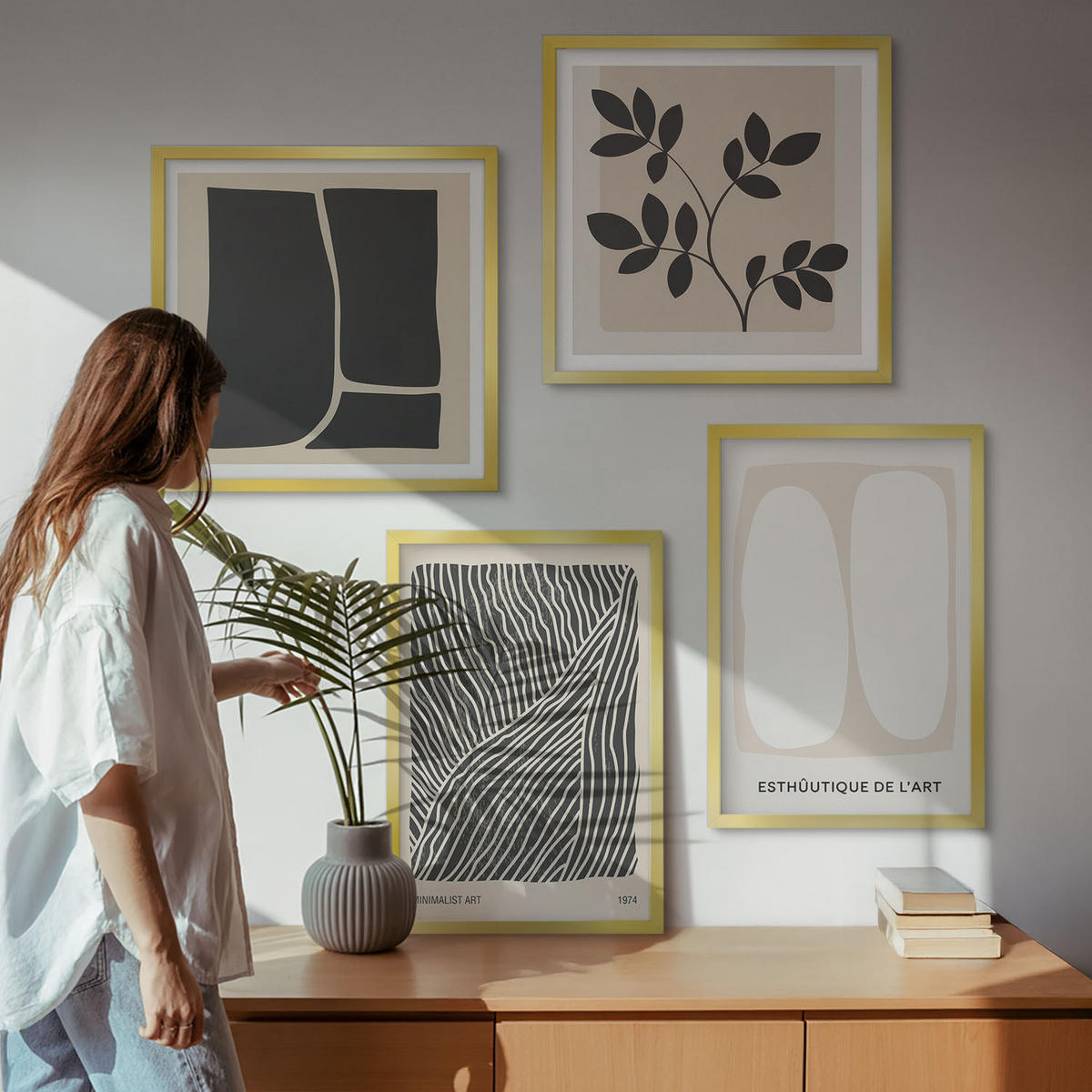 BILDER SET 4er Set - 50x50 cm & 40x60 cm Goldrahmen - Minimalistische Pflanzenmuster - Goldfarben, Kunststoff (50/50cm) - TULUP