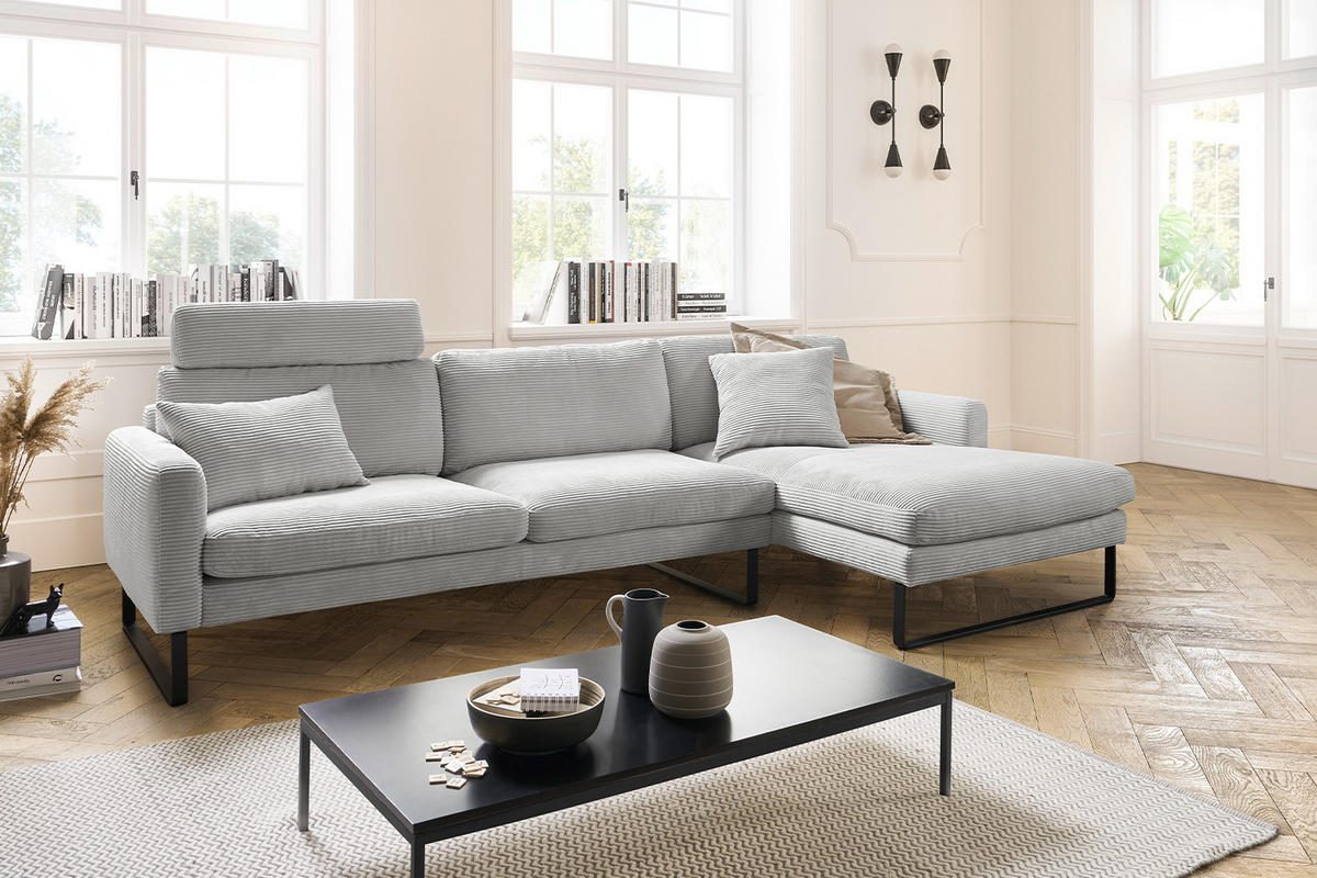 ECKSOFA RICARDA Hellgrau Cord - Hellgrau/Schwarz, Textil/Metall (298/154cm) - KAWOLA