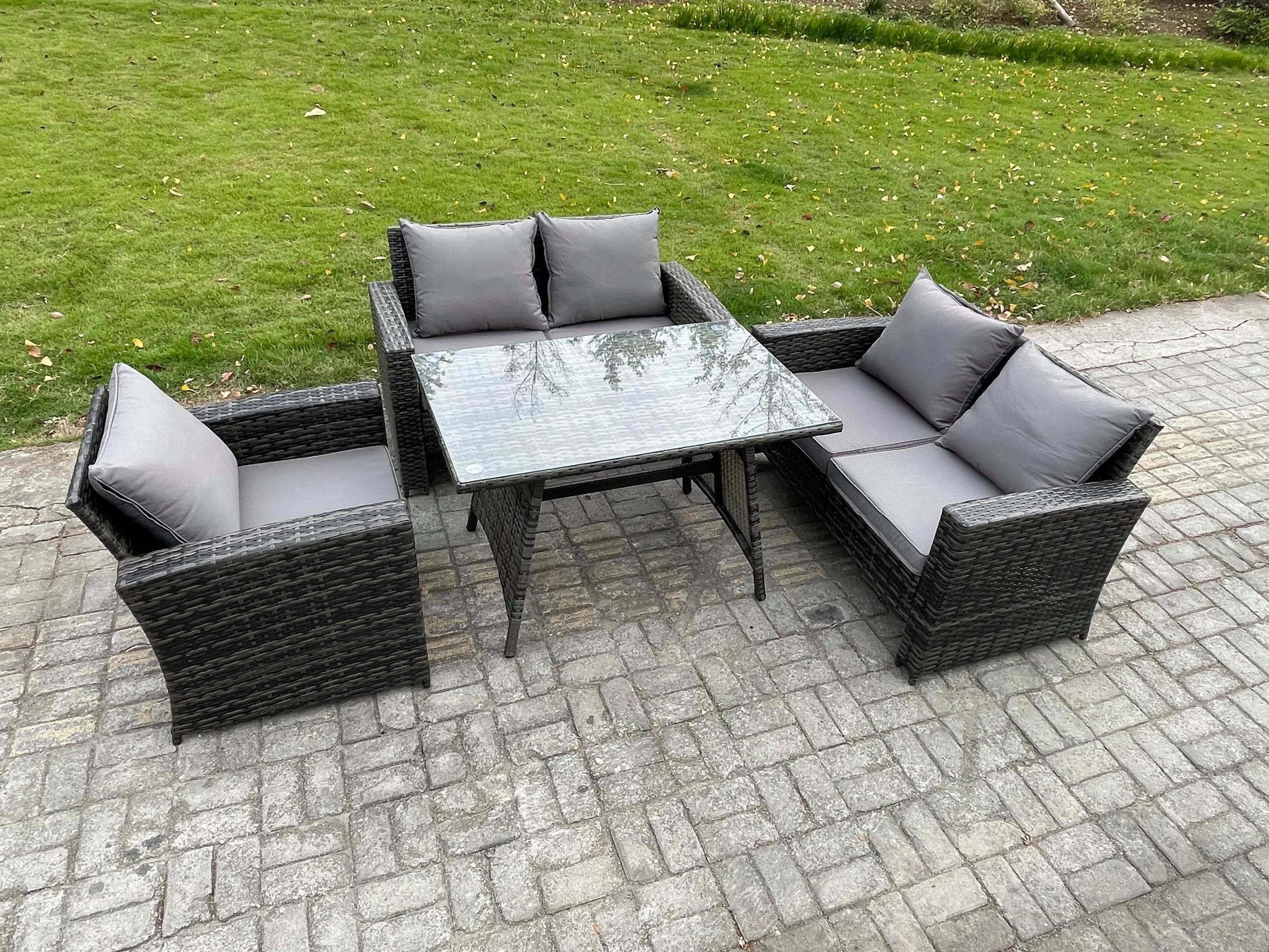 GARTENMÖBELSET mit ESSTISCH,HOCHLEHNER-SOFA Polyrattan Dunkelgrauer Mix 5-Sitzer - Dunkelgrau/Grau, Glas/Kunststoff - Fimous