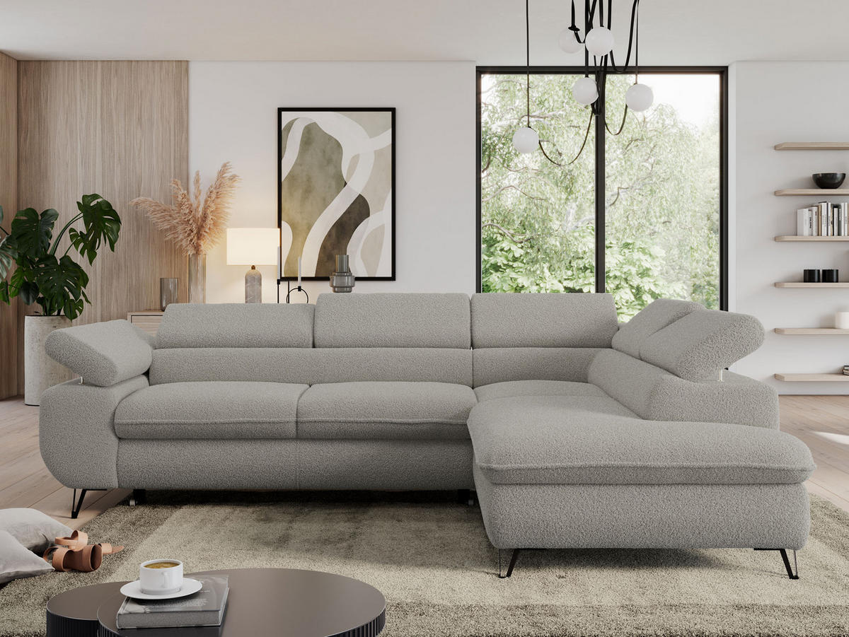 ECKSOFA PEDRO L Hellgrau Boucle - Rechts Seite - Hellgrau/Schwarz, Textil/Metall (273/208cm) - MKS