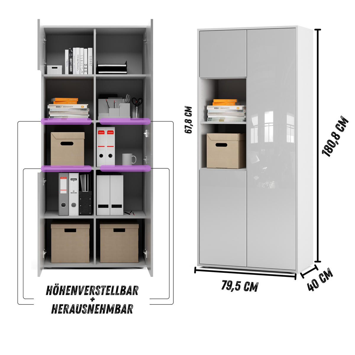 AKTENSCHRANK Amira T20 Weiß Hochglanz 180/80/40 cm - Weiß Hochglanz, Holzwerkstoff (80/180/40cm) - SIMPLYFURN