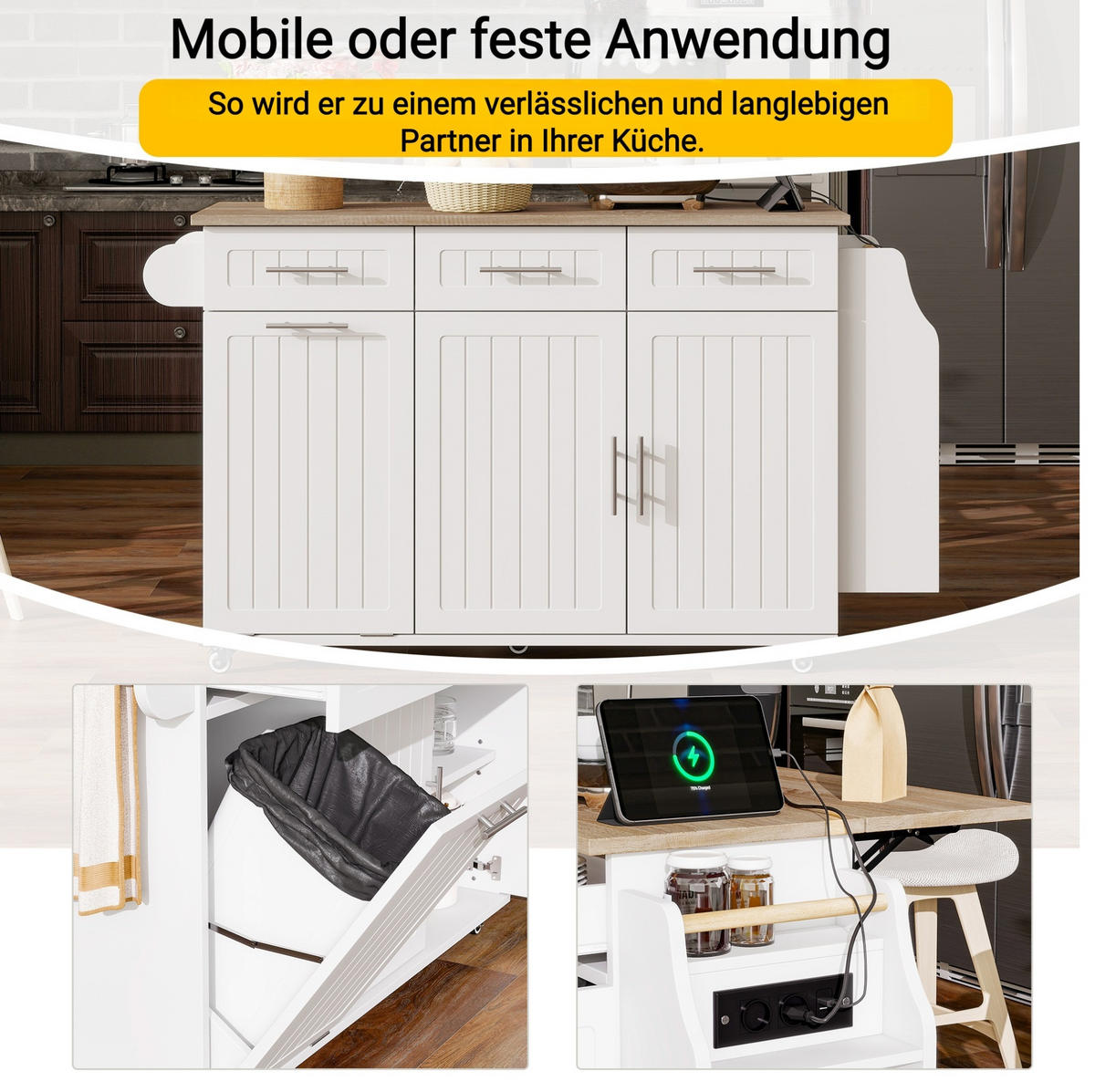 KÜCHENINSEL mit Auszugsplatte und Stauraum White - Weiß, Holz (40/90/120cm) - Beauniv