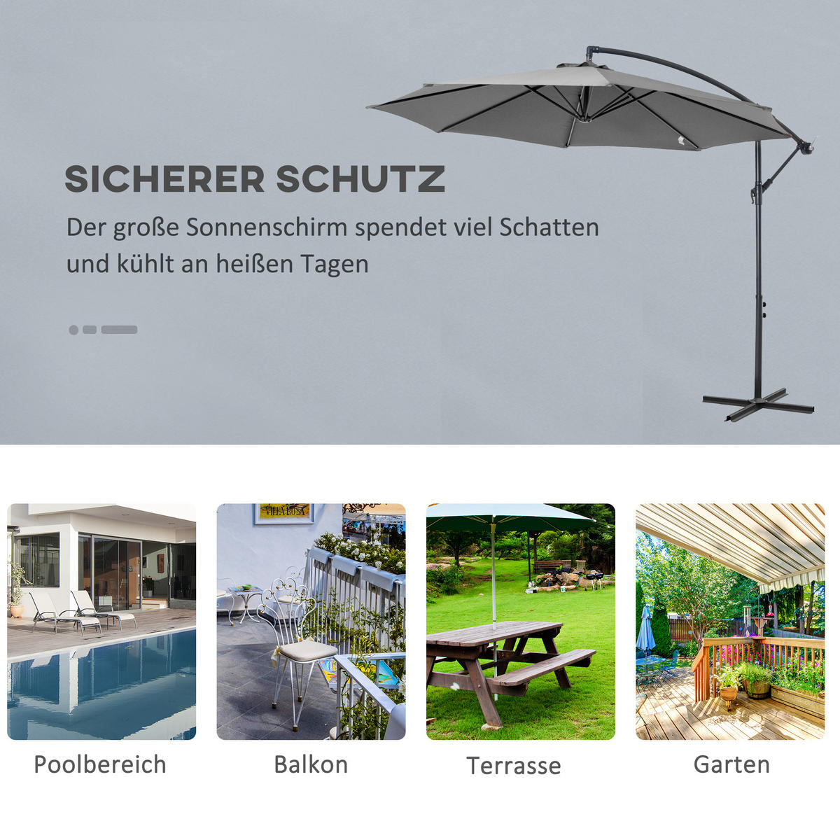 SONNENSCHIRM, Stahl, Polyester, Grau - Grau, Metall (2.95/2.95cm) - Outsunny
